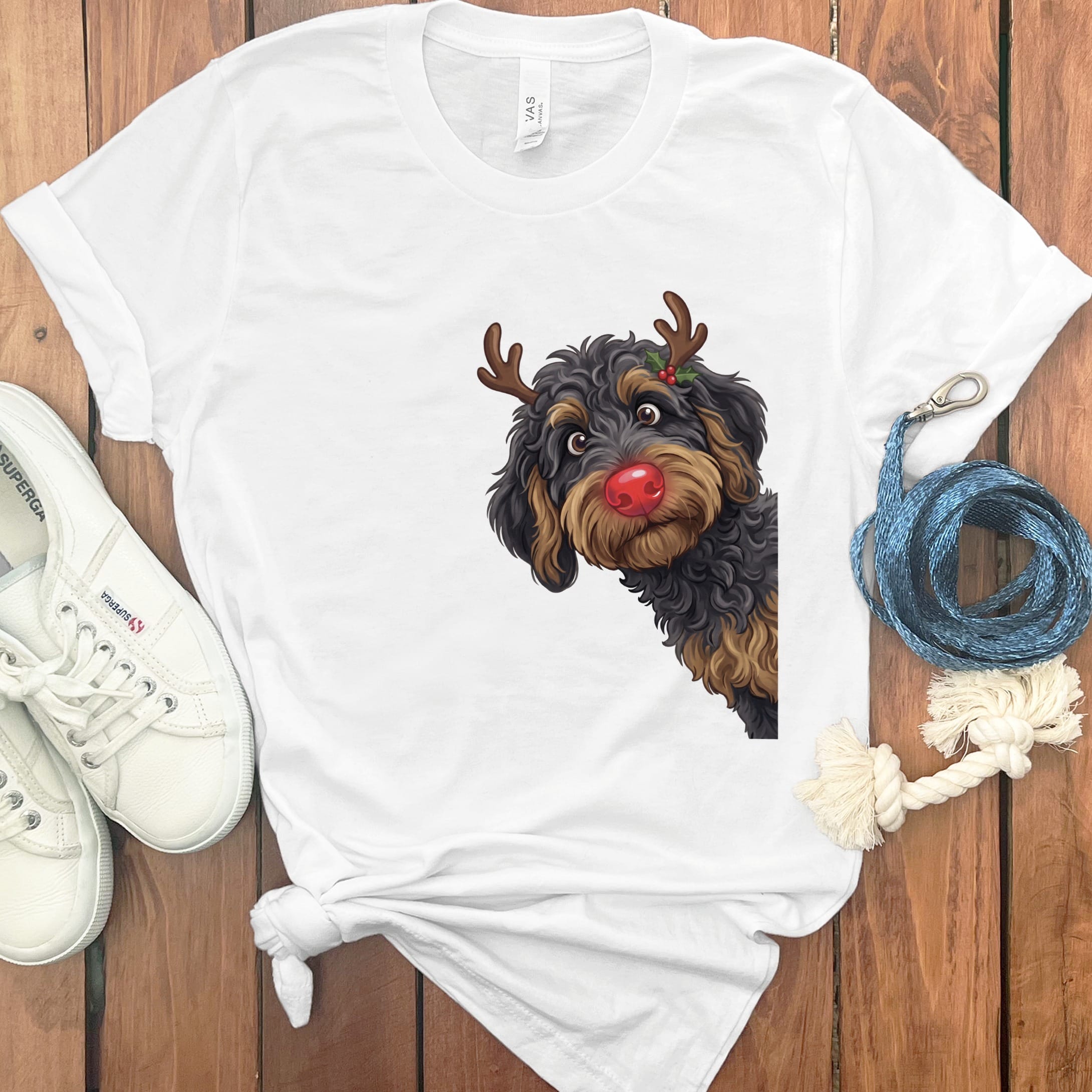 Peeking Rudolph Phantom Goldendoodle T-Shirt in White / M / T-Shirts by Puppy Jo