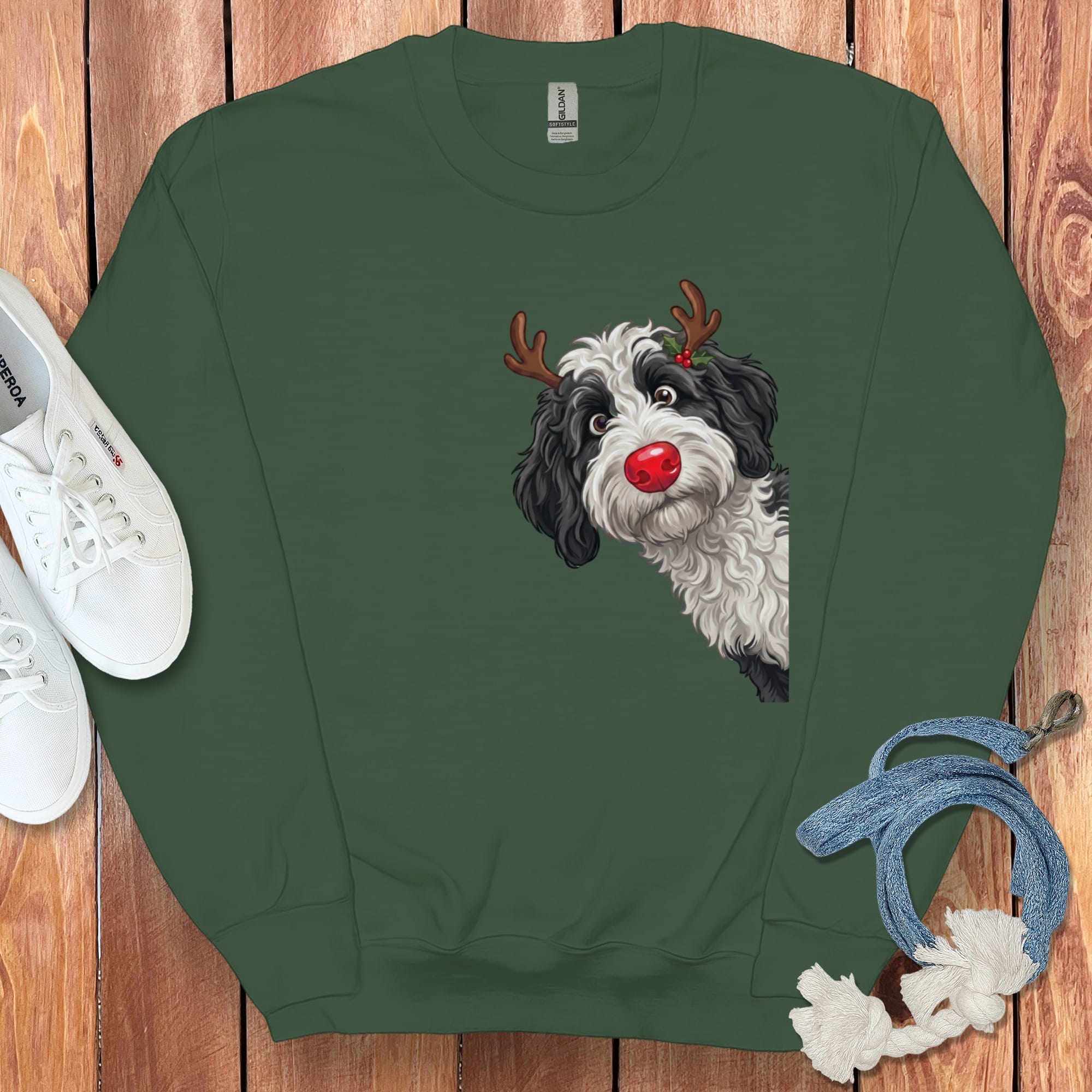 Peeking Rudolph Sheepadoodle Sweatshirt in Forest Green / M by Puppy Jo