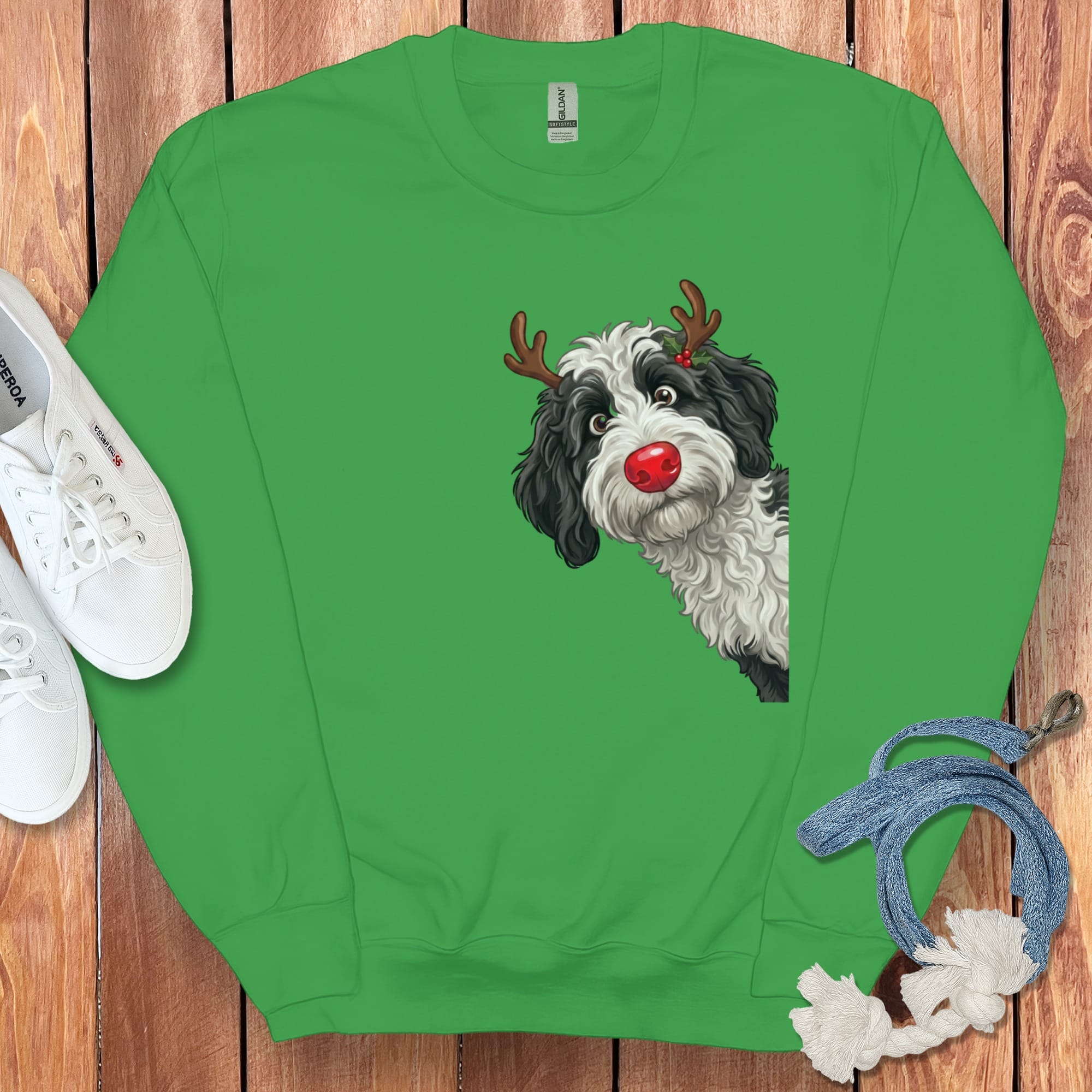Peeking Rudolph Sheepadoodle Sweatshirt in Irish Green / M by Puppy Jo