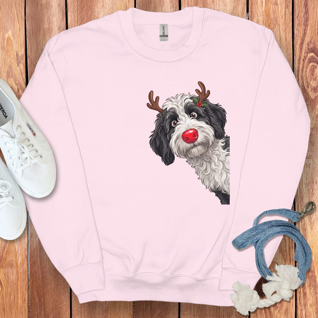 Peeking Rudolph Sheepadoodle Sweatshirt in Light Pink / M by Puppy Jo