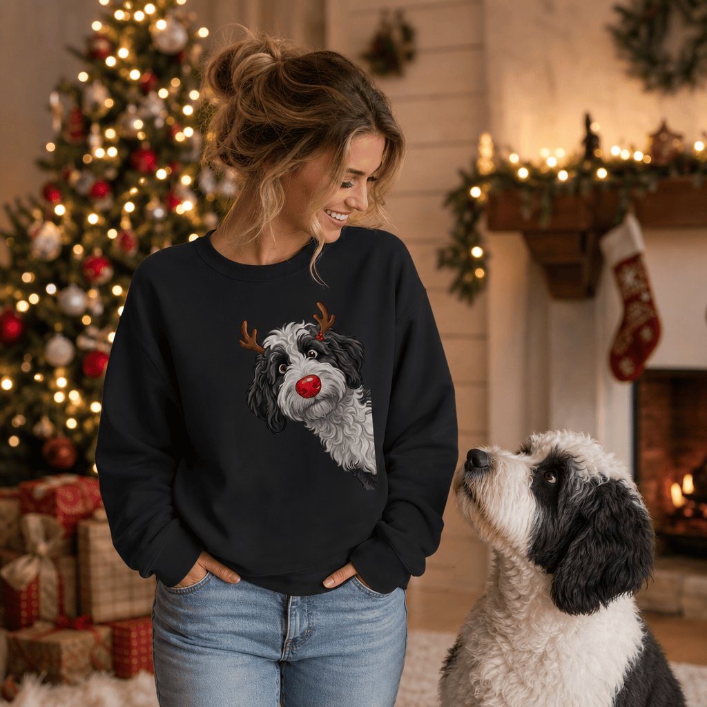 Peeking Rudolph Sheepadoodle Sweatshirt in by Puppy Jo