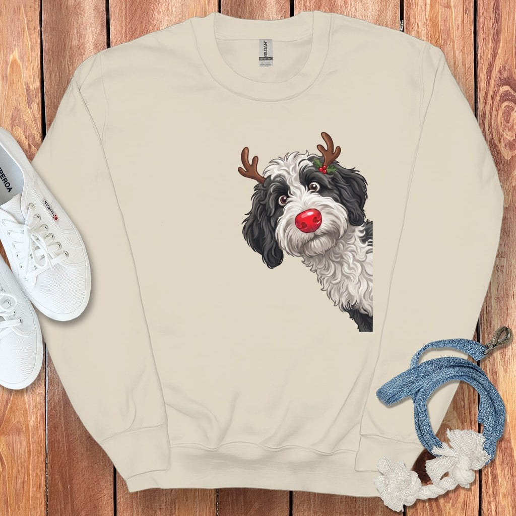 Peeking Rudolph Sheepadoodle Sweatshirt in Sand / M by Puppy Jo