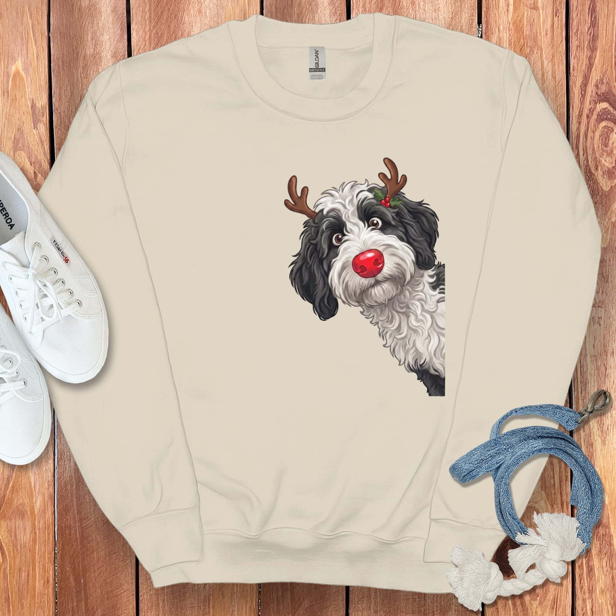 Peeking Rudolph Sheepadoodle Sweatshirt in Sand / M by Puppy Jo