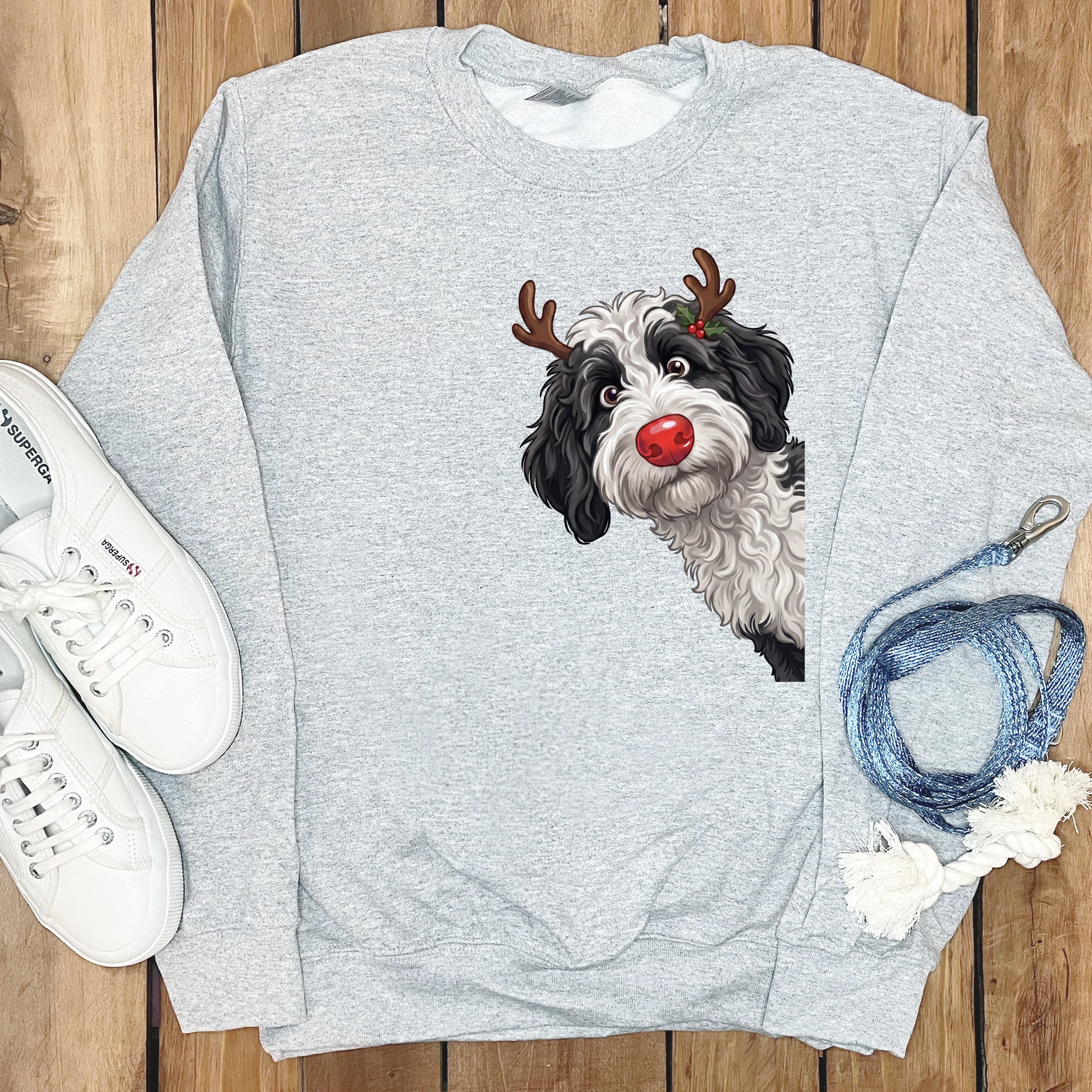 Peeking Rudolph Sheepadoodle Sweatshirt in Sport Grey / M by Puppy Jo