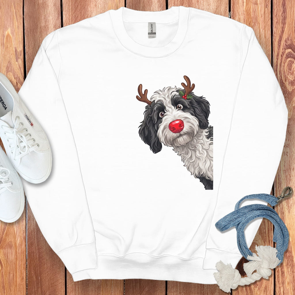 Peeking Rudolph Sheepadoodle Sweatshirt in White / M by Puppy Jo