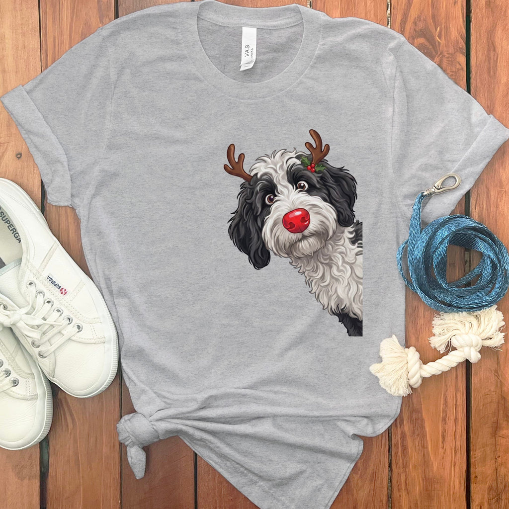 Peeking Rudolph Sheepadoodle T-Shirt in Athletic Heather / S / T-Shirts by Puppy Jo