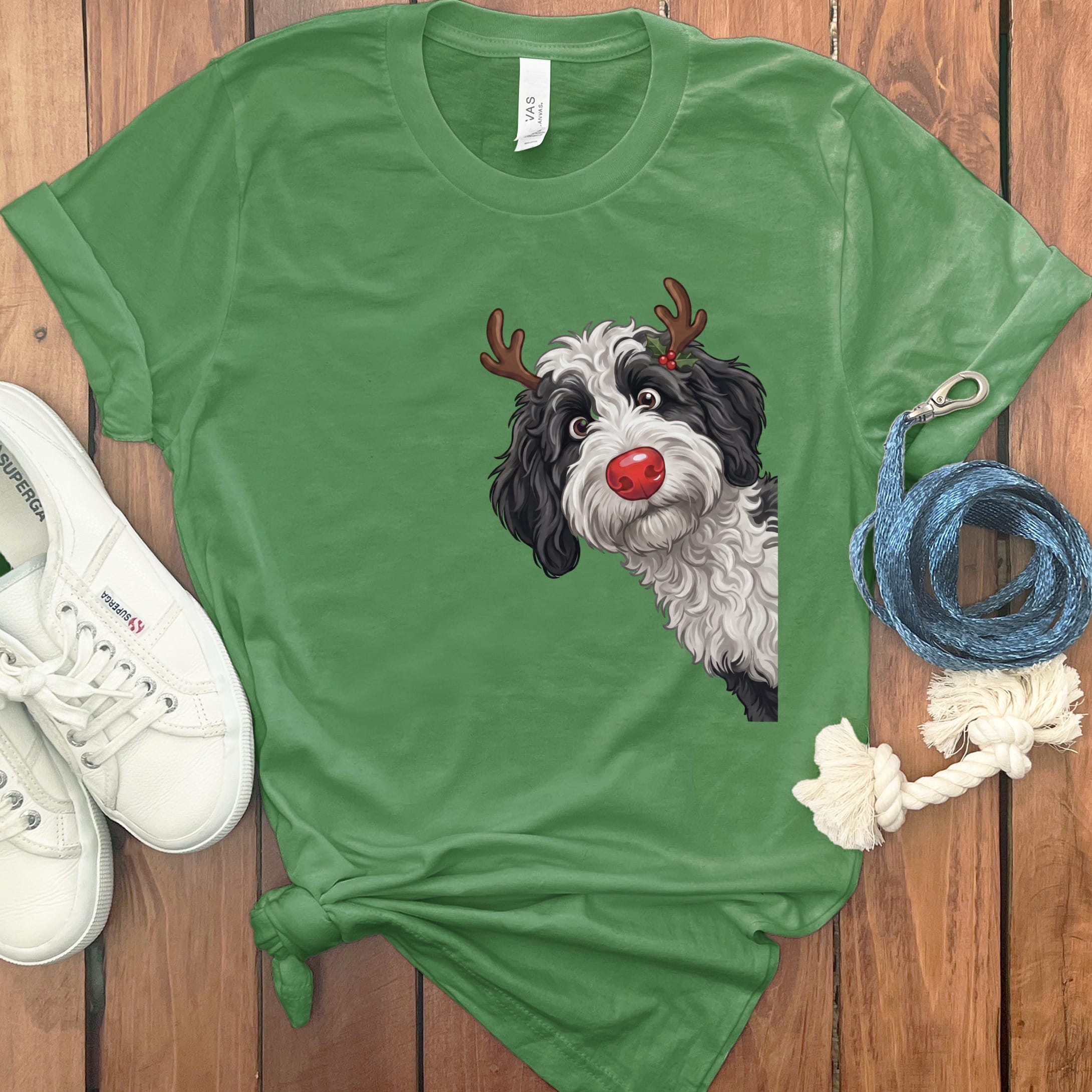 Peeking Rudolph Sheepadoodle T-Shirt in Leaf / S / T-Shirts by Puppy Jo