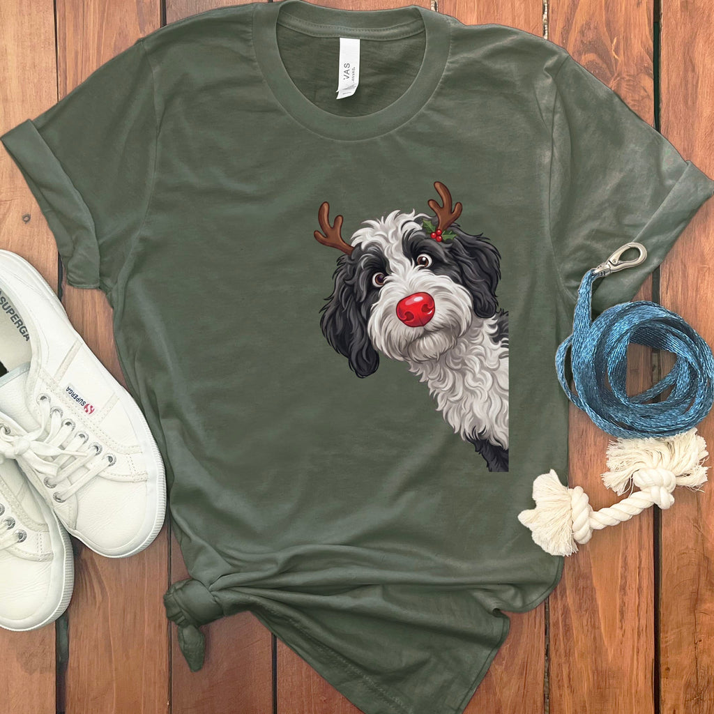 Peeking Rudolph Sheepadoodle T-Shirt in Military Green / S / T-Shirts by Puppy Jo