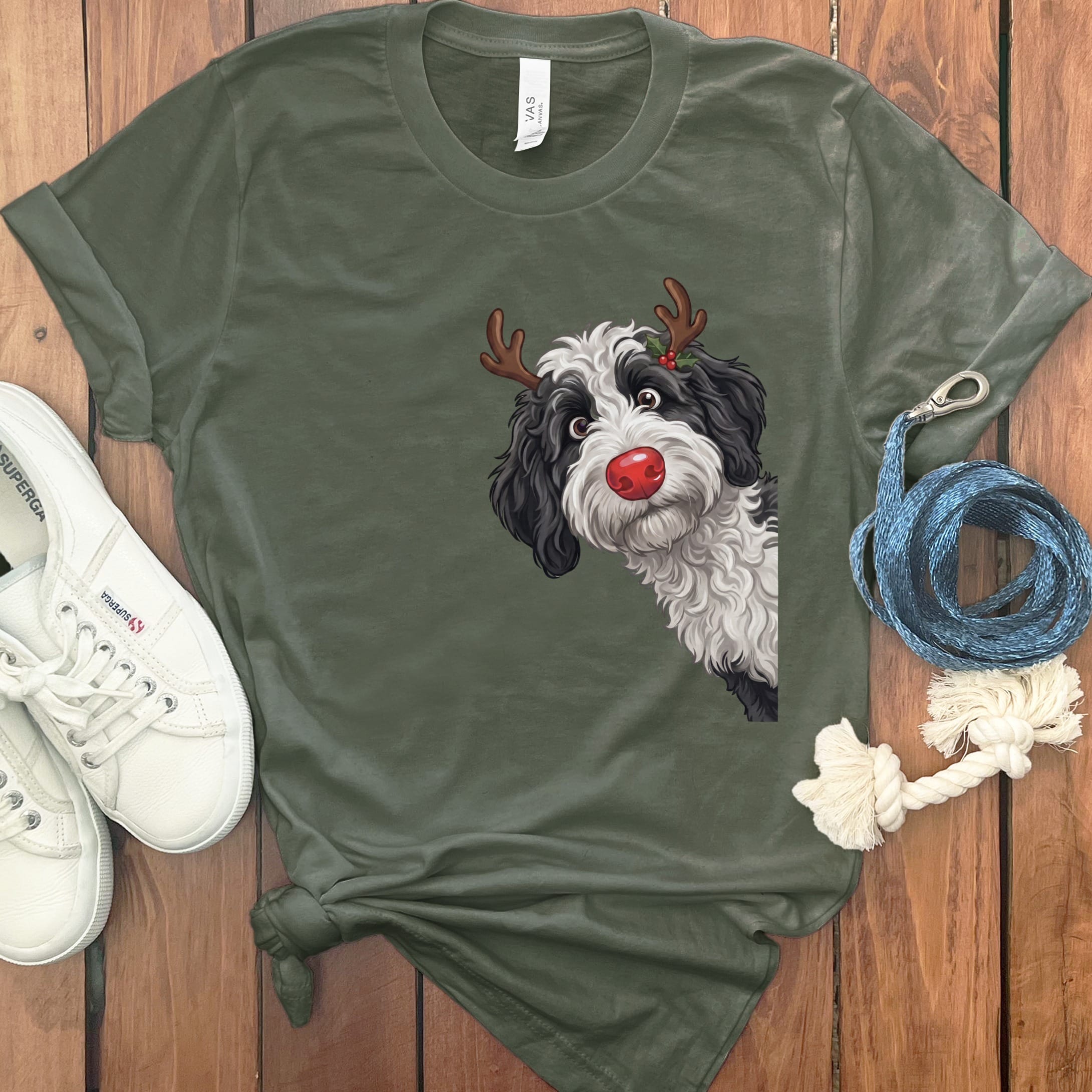 Peeking Rudolph Sheepadoodle T-Shirt in Military Green / S / T-Shirts by Puppy Jo