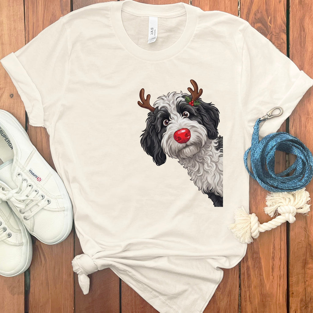 Peeking Rudolph Sheepadoodle T-Shirt in Natural / S / T-Shirts by Puppy Jo