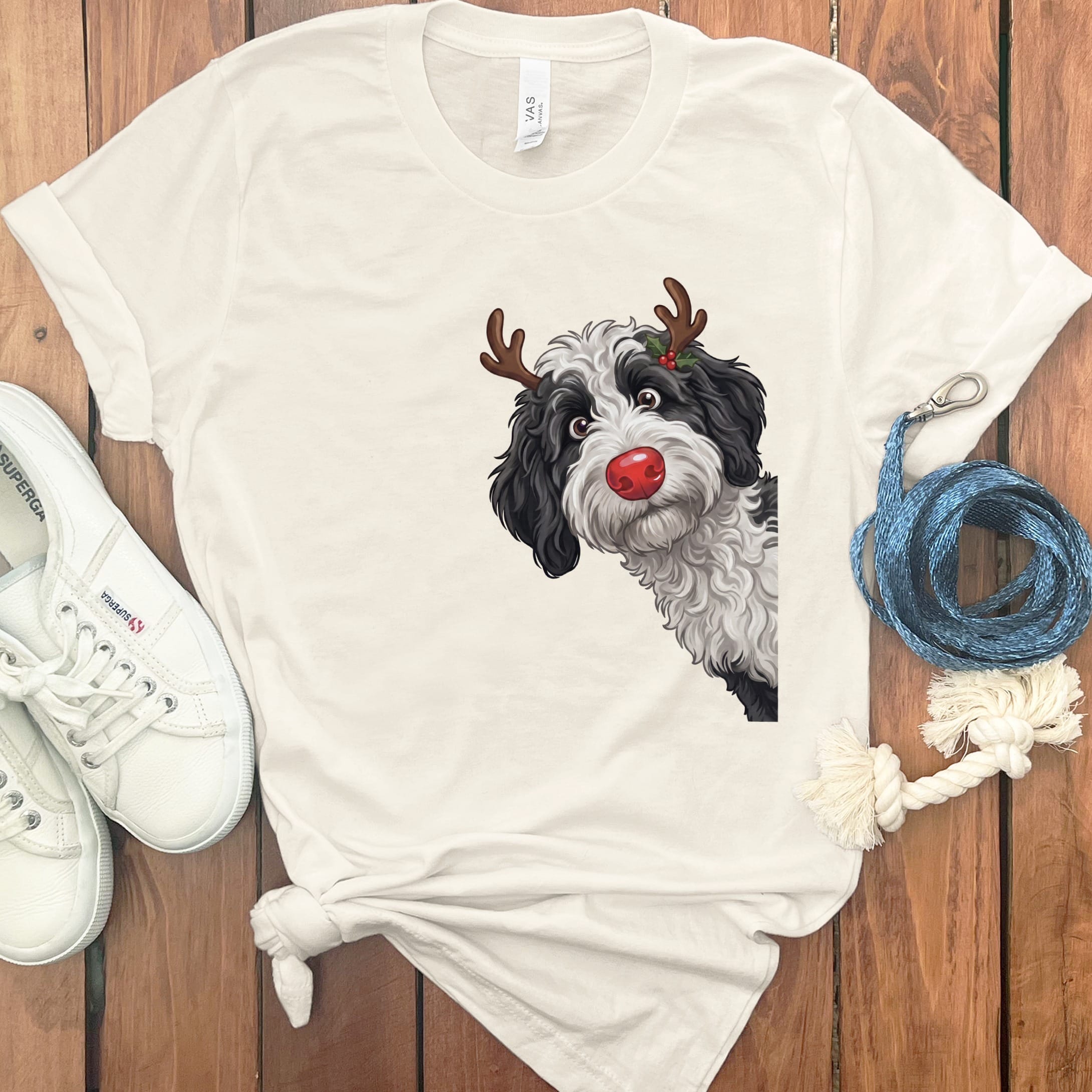 Peeking Rudolph Sheepadoodle T-Shirt in Natural / S / T-Shirts by Puppy Jo