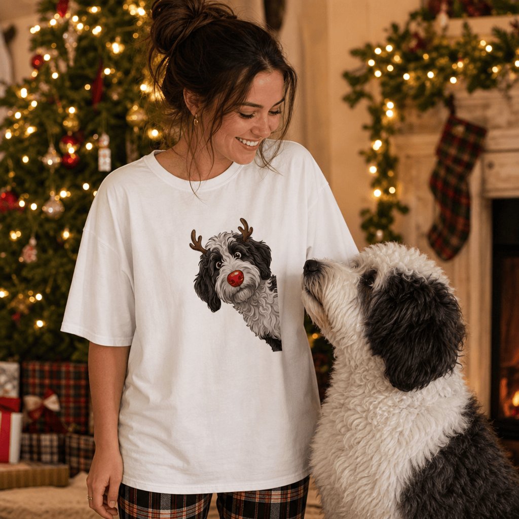 Peeking Rudolph Sheepadoodle T-Shirt in by Puppy Jo