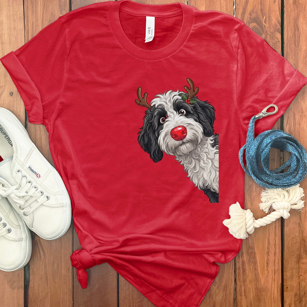 Peeking Rudolph Sheepadoodle T-Shirt in Red / S / T-Shirts by Puppy Jo