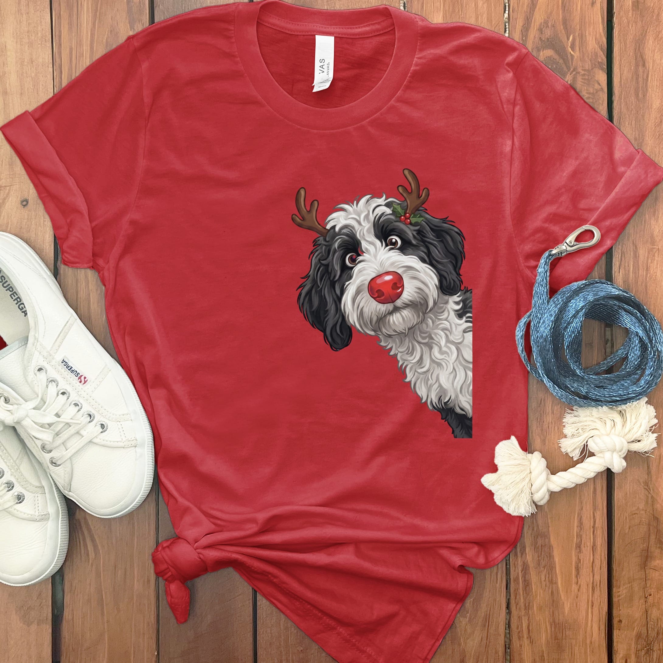 Peeking Rudolph Sheepadoodle T-Shirt in Red / S / T-Shirts by Puppy Jo