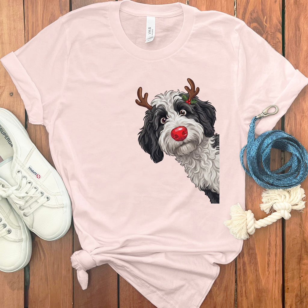 Peeking Rudolph Sheepadoodle T-Shirt in Soft Pink / M / T-Shirts by Puppy Jo