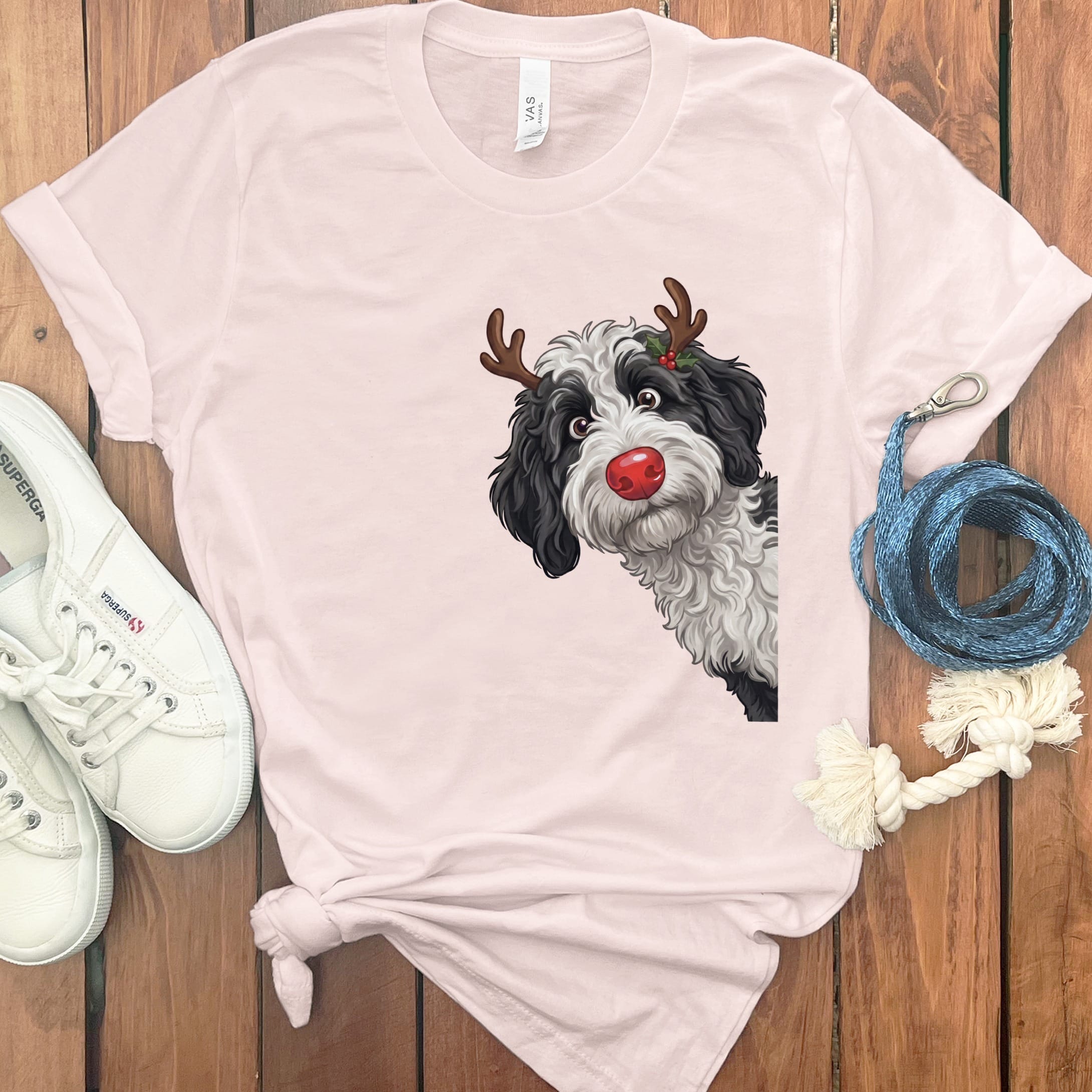 Peeking Rudolph Sheepadoodle T-Shirt in Soft Pink / M / T-Shirts by Puppy Jo