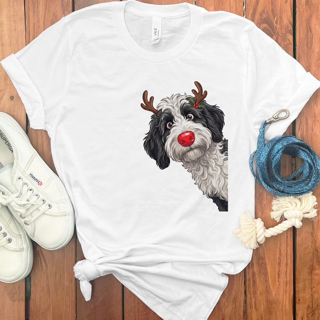 Peeking Rudolph Sheepadoodle T-Shirt in White / S / T-Shirts by Puppy Jo