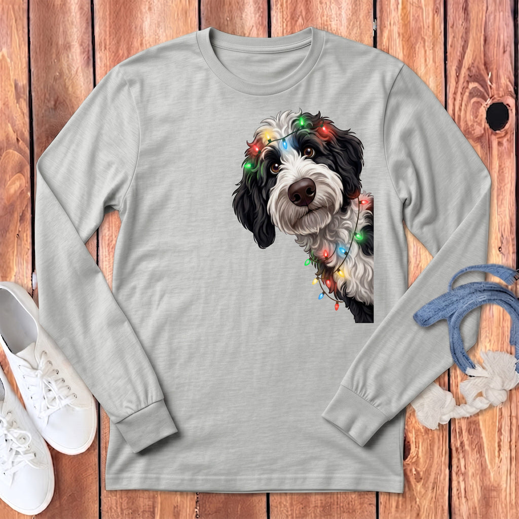 Peeking Sheepadoodle Holiday Long Sleeve T-Shirt in Athletic Heather / S by Puppy Jo