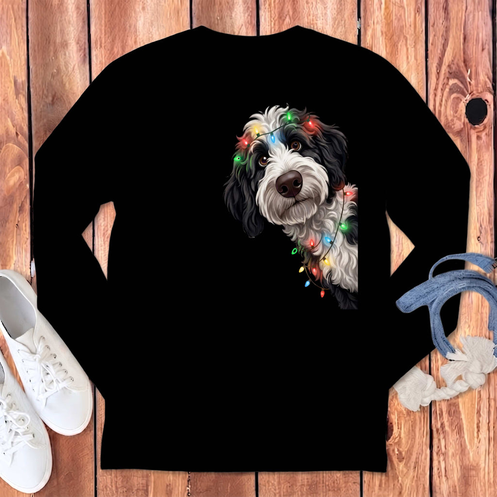 Peeking Sheepadoodle Holiday Long Sleeve T-Shirt in Black / S by Puppy Jo