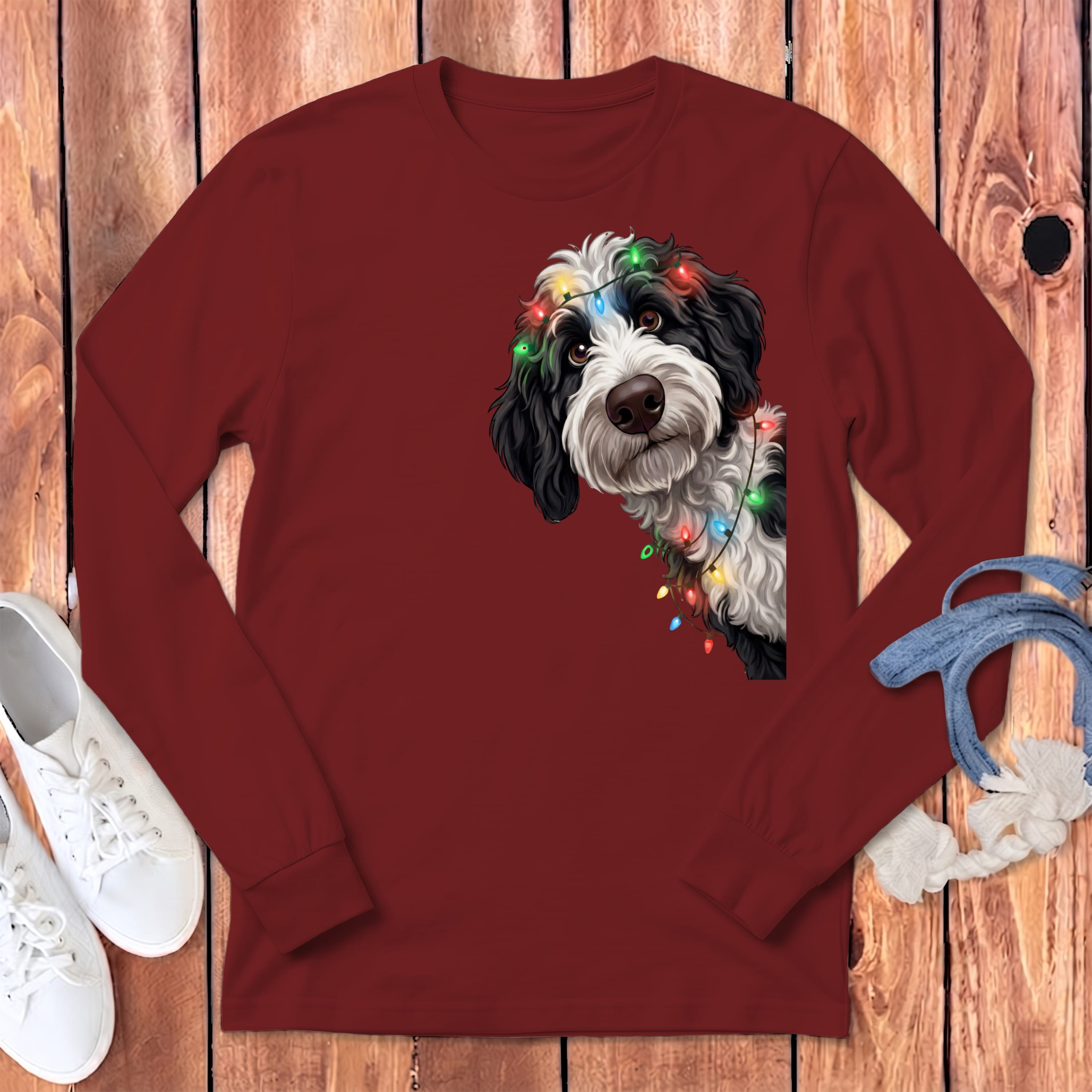 Peeking Sheepadoodle Holiday Long Sleeve T-Shirt in Cardinal / S by Puppy Jo