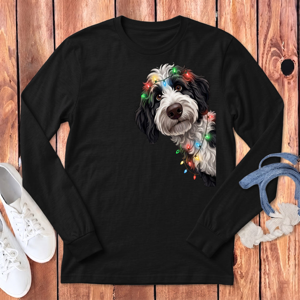 Peeking Sheepadoodle Holiday Long Sleeve T-Shirt in Dark Grey Heather / S by Puppy Jo