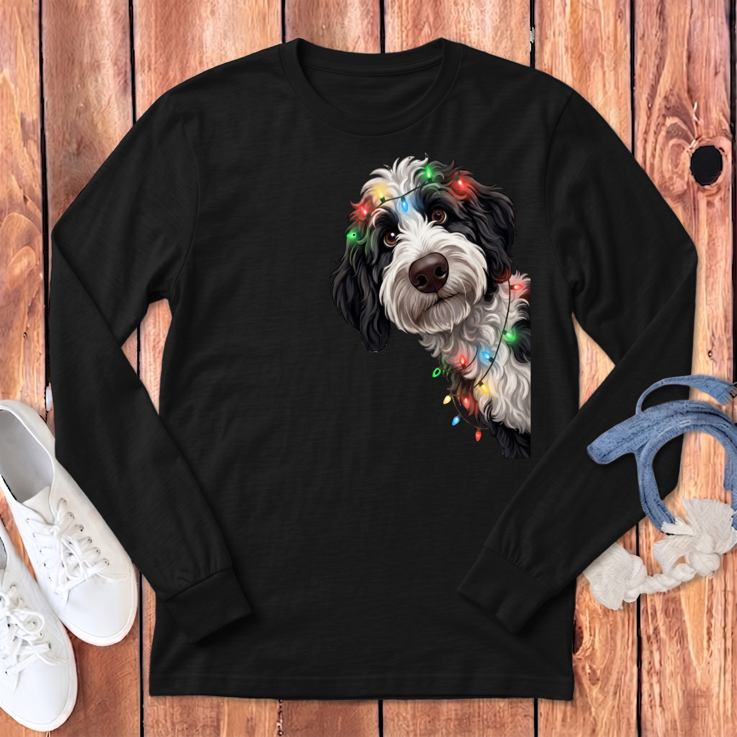 Peeking Sheepadoodle Holiday Long Sleeve T-Shirt in Dark Grey Heather / S by Puppy Jo