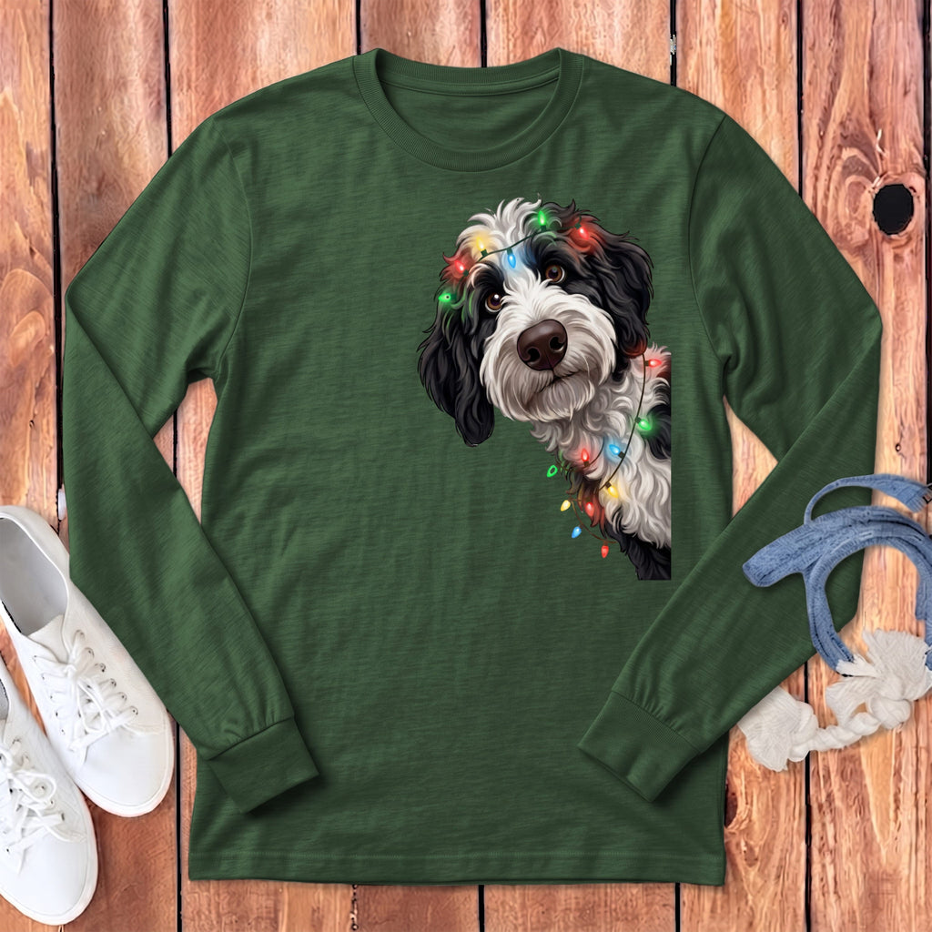 Peeking Sheepadoodle Holiday Long Sleeve T-Shirt in Heather Forest / S by Puppy Jo