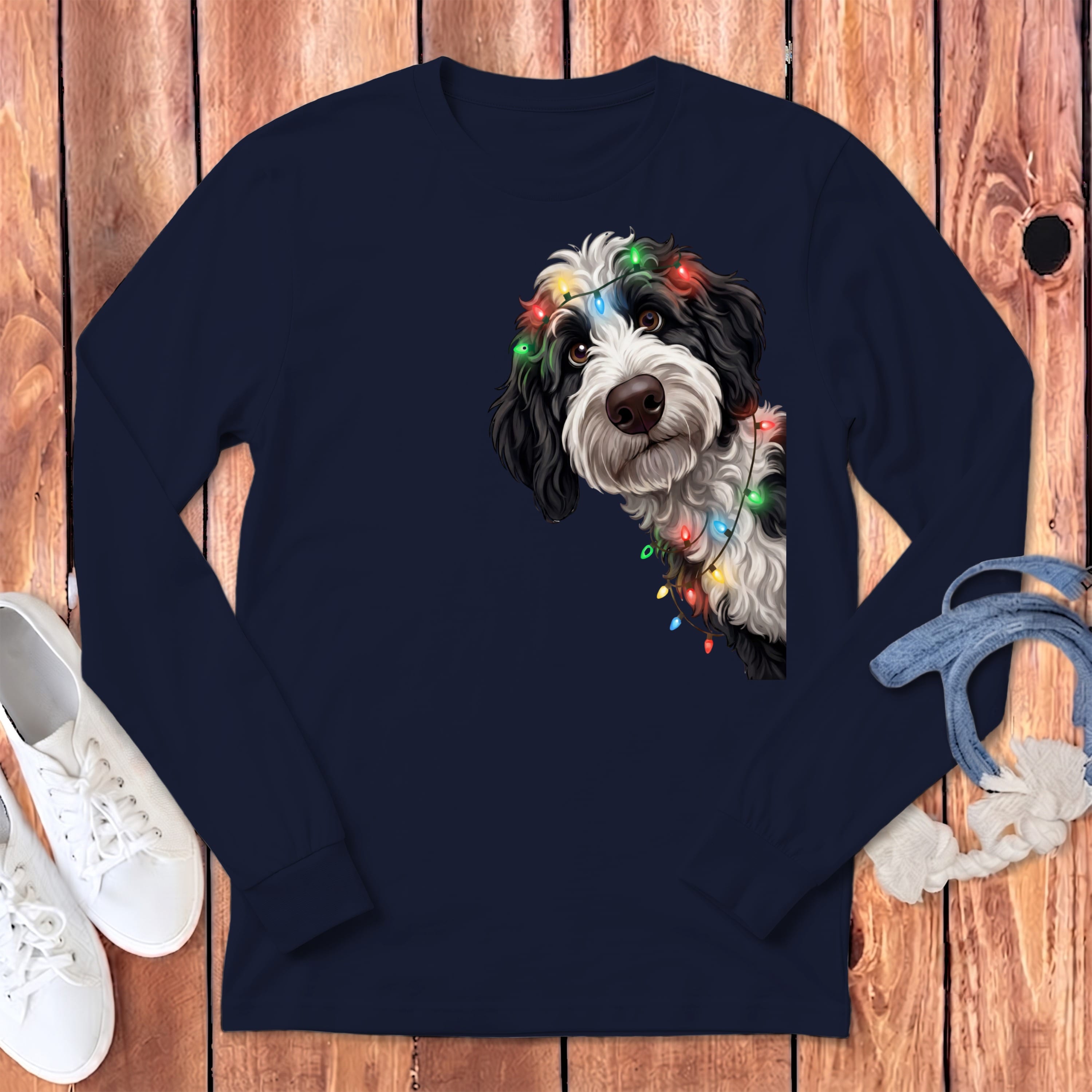 Peeking Sheepadoodle Holiday Long Sleeve T-Shirt in Navy / S by Puppy Jo