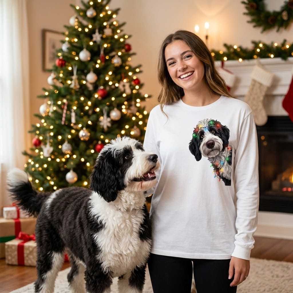 Peeking Sheepadoodle Holiday Long Sleeve T-Shirt in by Puppy Jo