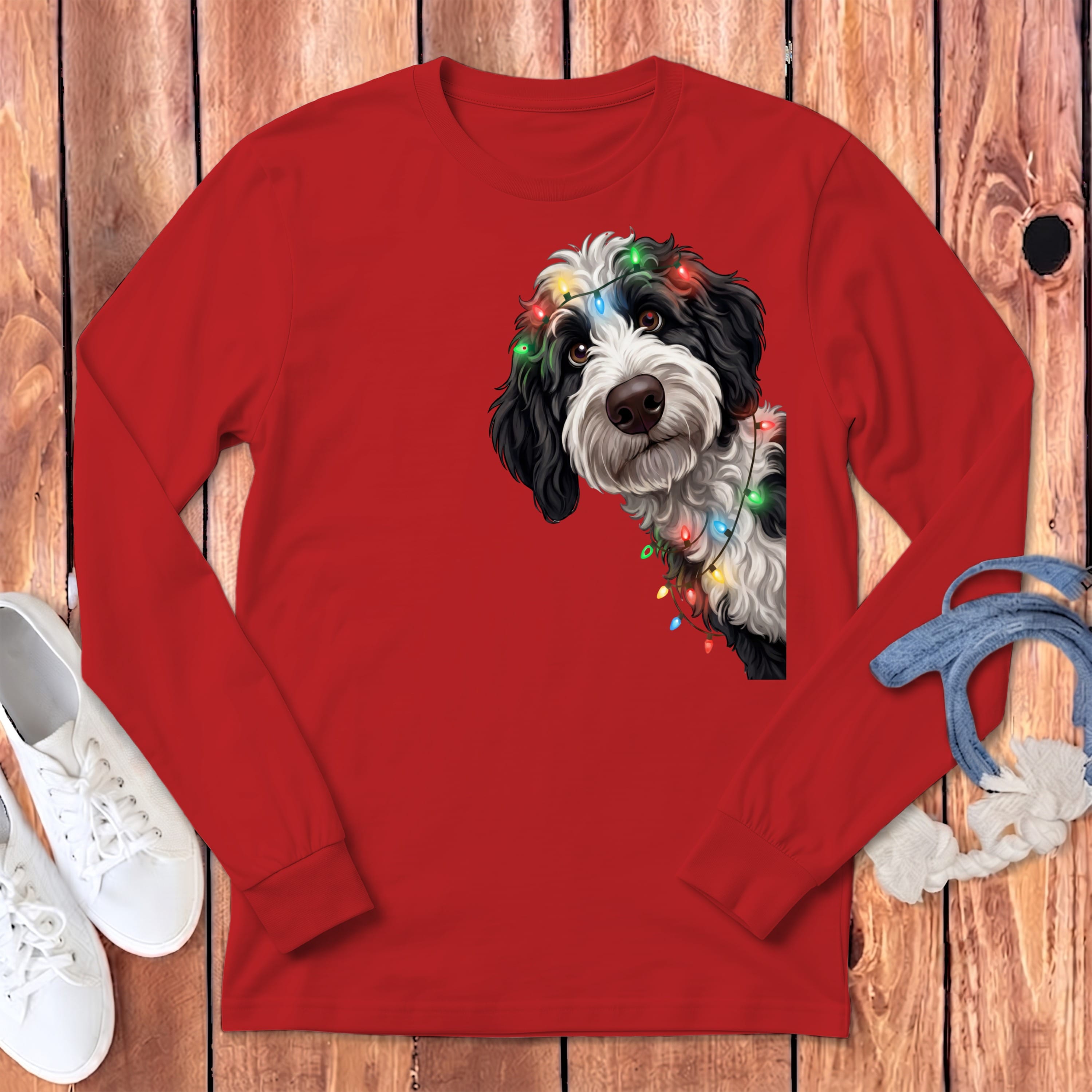 Peeking Sheepadoodle Holiday Long Sleeve T-Shirt in Red / S by Puppy Jo