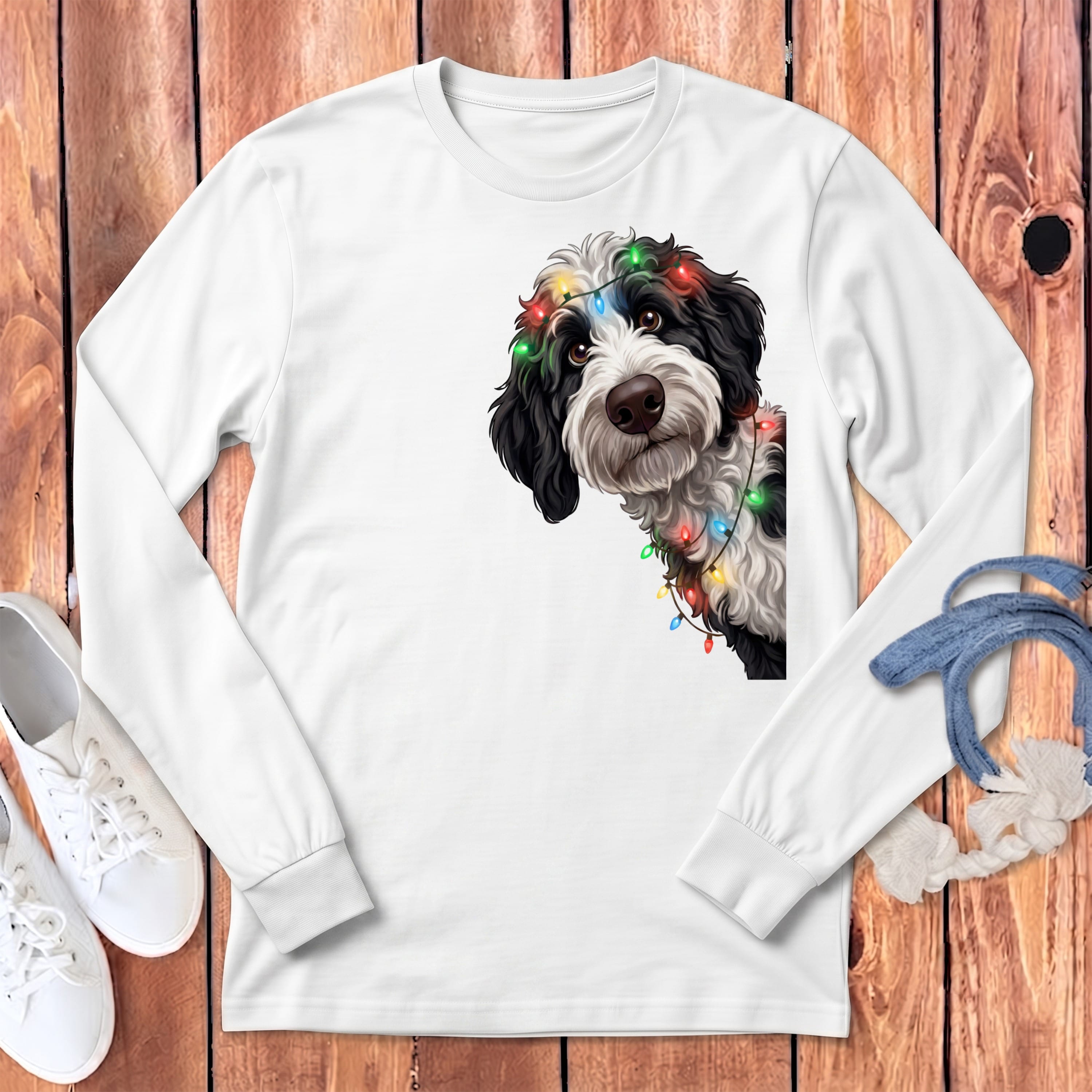 Peeking Sheepadoodle Holiday Long Sleeve T-Shirt in White / S by Puppy Jo