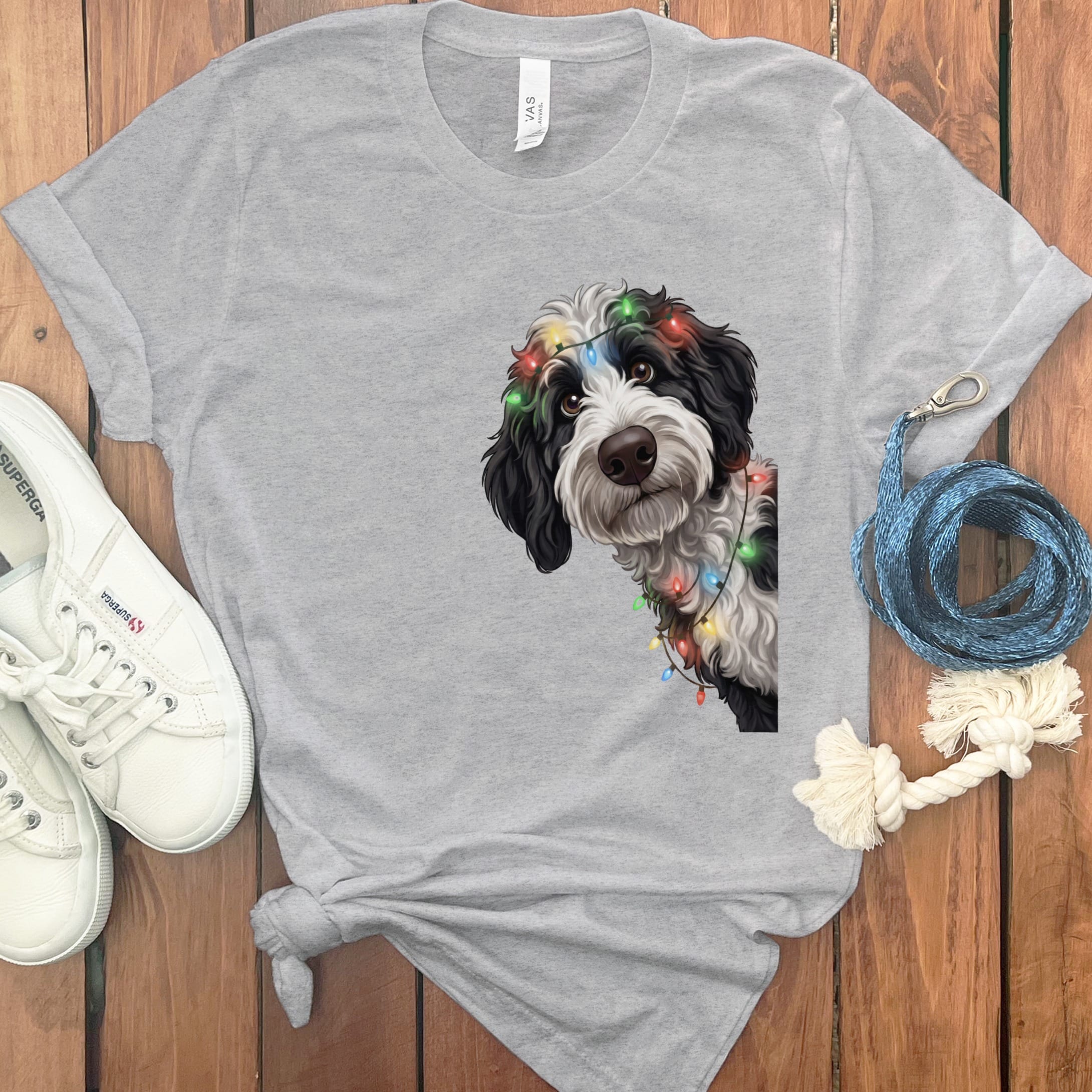 Peeking Sheepadoodle Holiday T-Shirt in Athletic Heather / M / T-Shirts by Puppy Jo