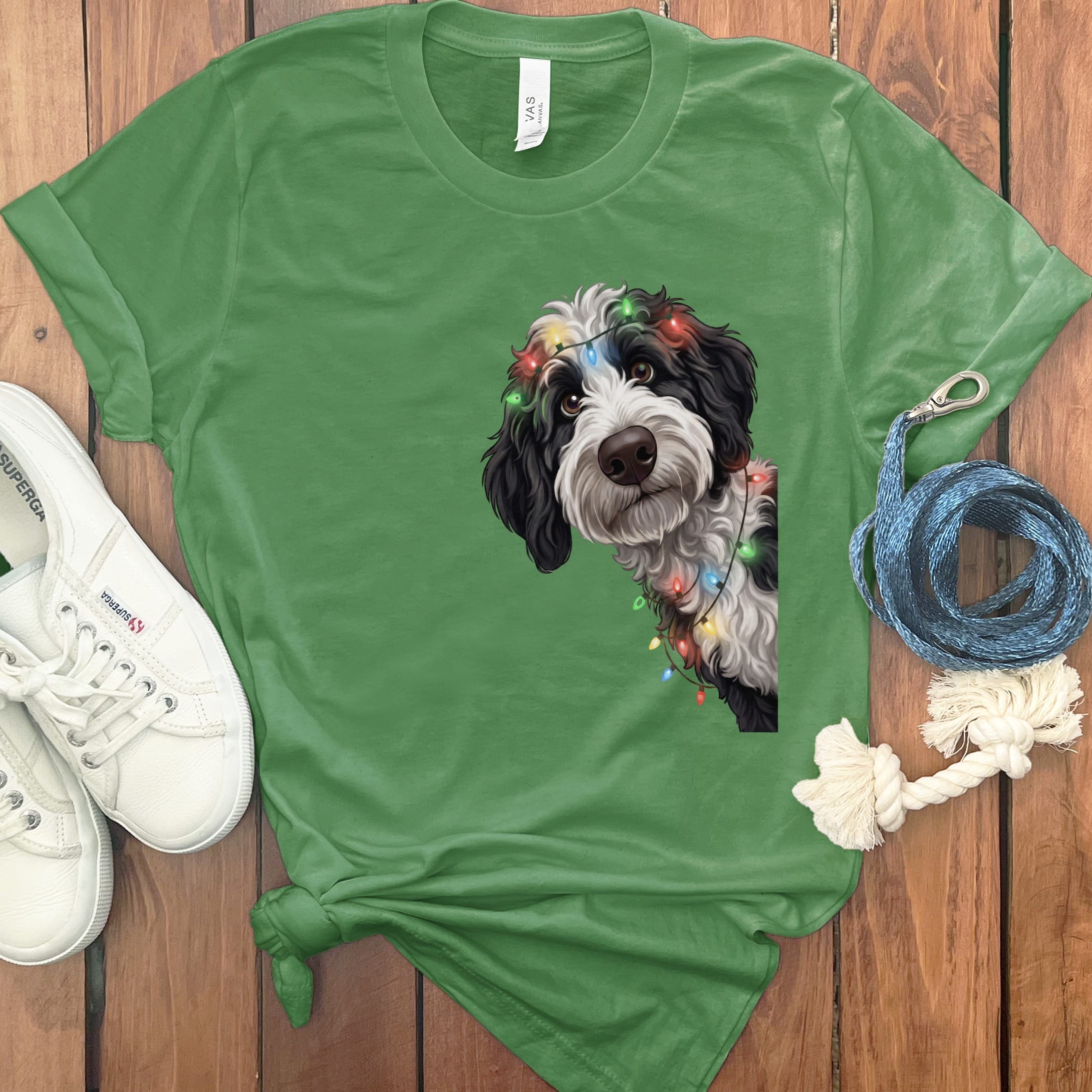 Peeking Sheepadoodle Holiday T-Shirt in Leaf / M / T-Shirts by Puppy Jo