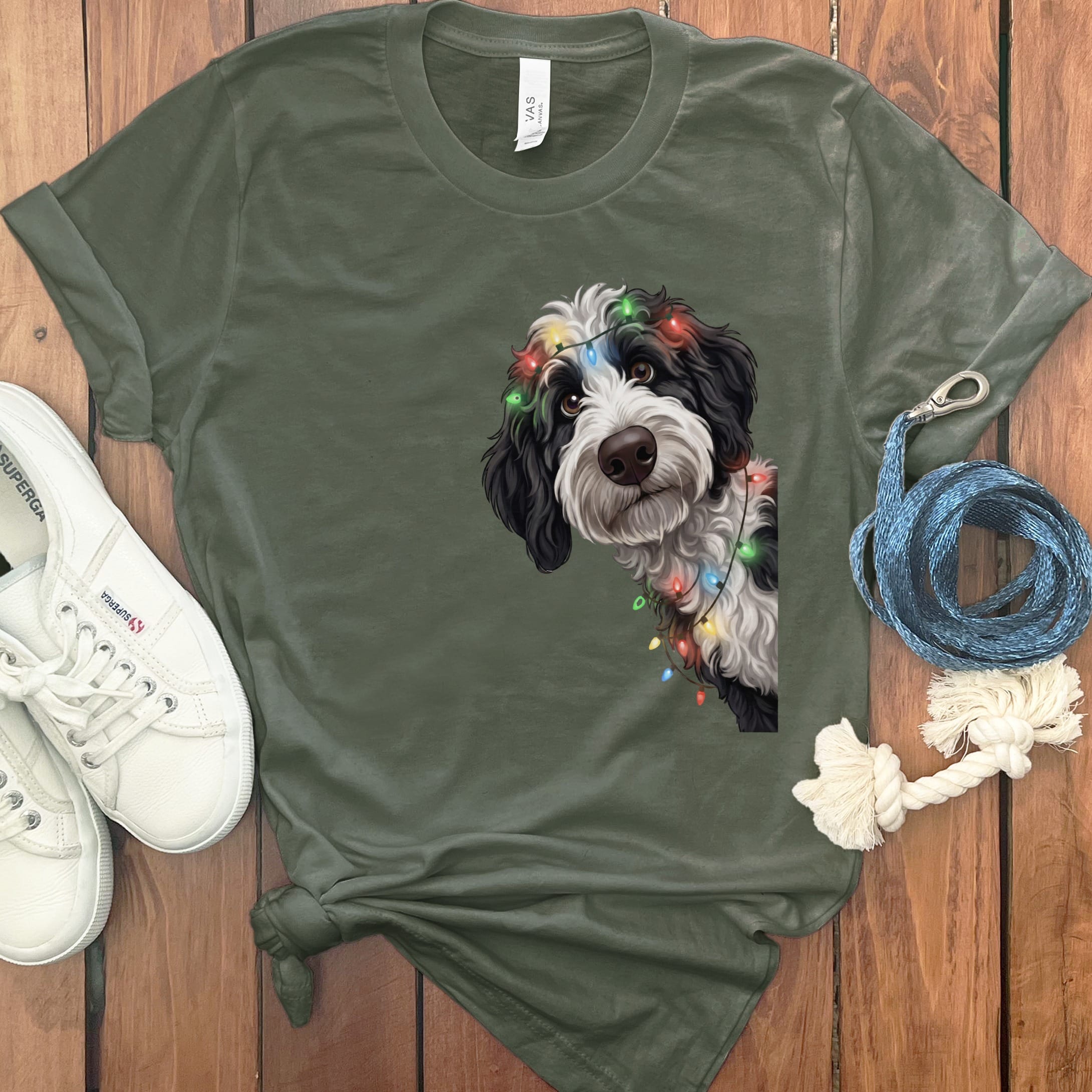 Peeking Sheepadoodle Holiday T-Shirt in Military Green / M / T-Shirts by Puppy Jo