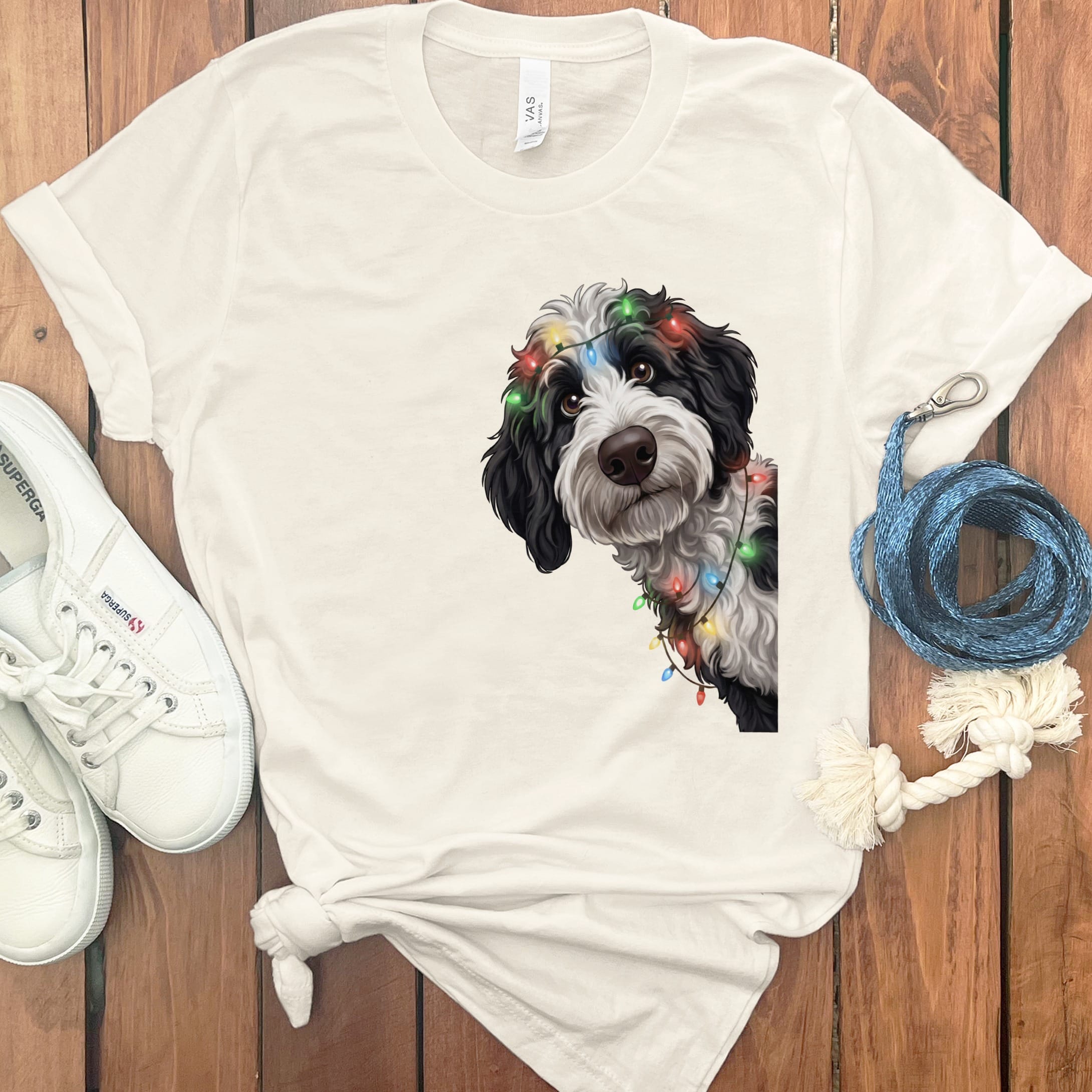 Peeking Sheepadoodle Holiday T-Shirt in Natural / M / T-Shirts by Puppy Jo