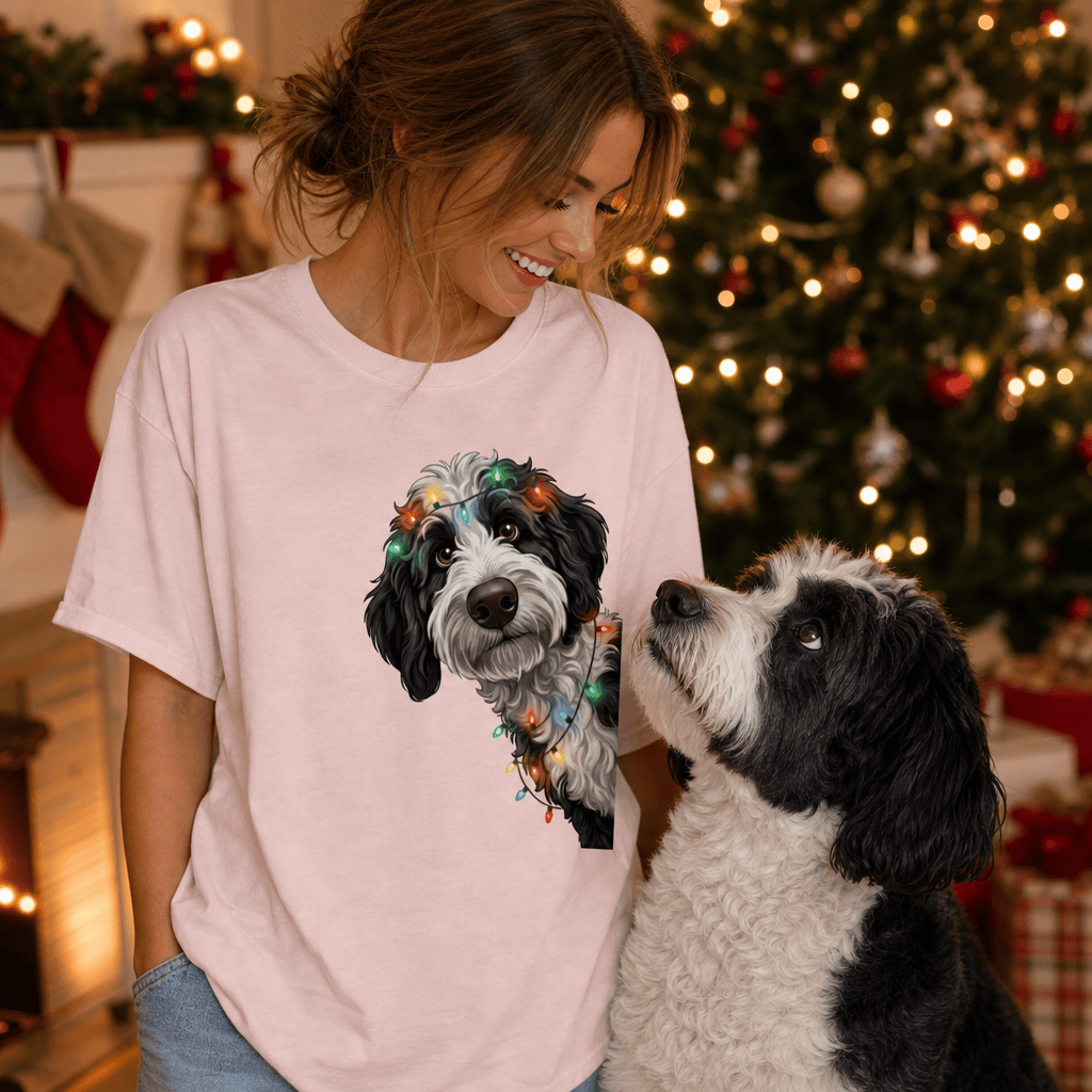 Peeking Sheepadoodle Holiday T-Shirt in by Puppy Jo