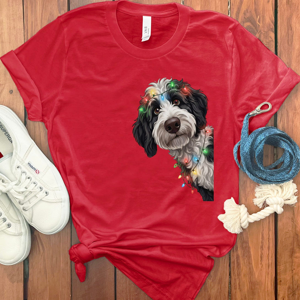 Peeking Sheepadoodle Holiday T-Shirt in Red / M / T-Shirts by Puppy Jo