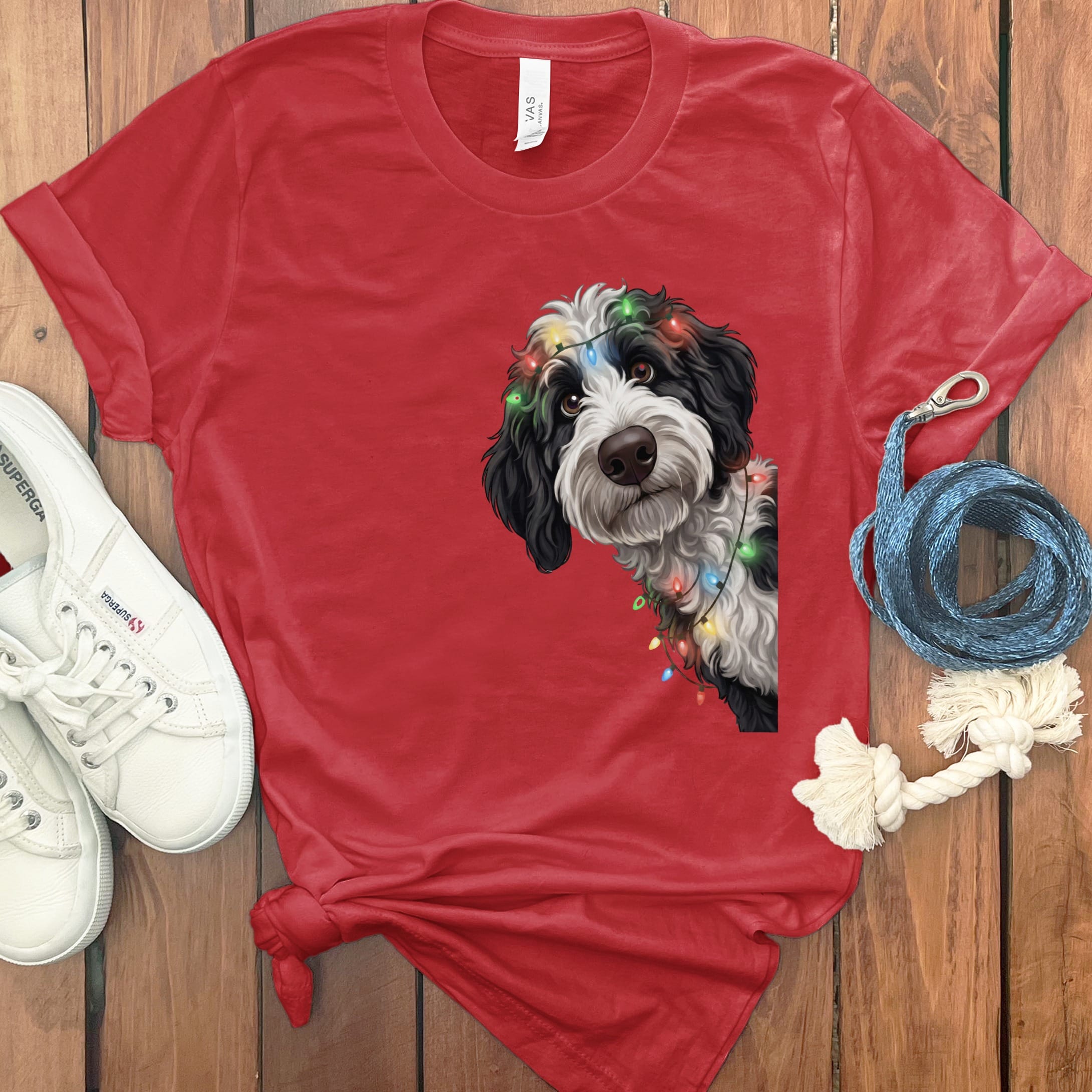 Peeking Sheepadoodle Holiday T-Shirt in Red / M / T-Shirts by Puppy Jo