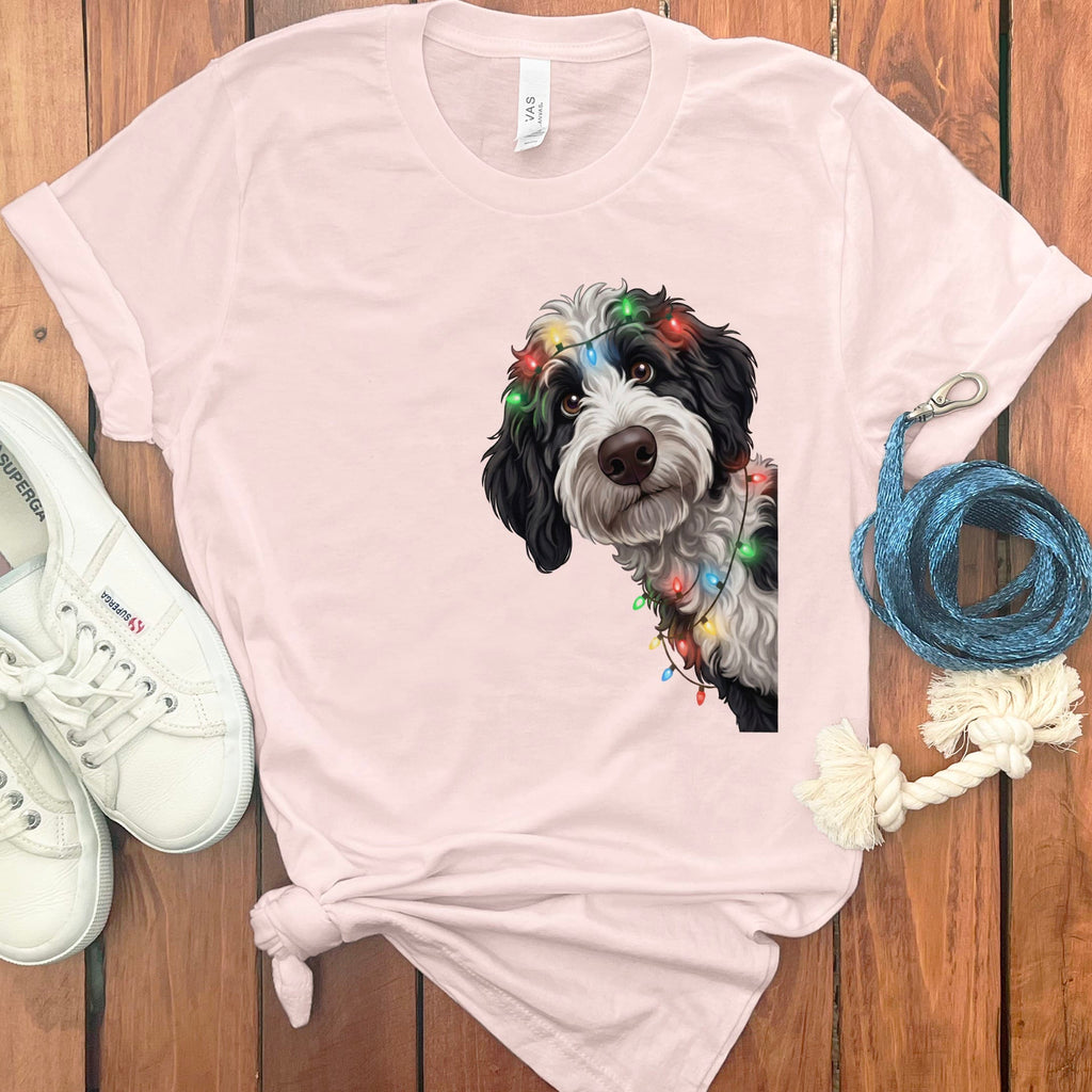 Peeking Sheepadoodle Holiday T-Shirt in Soft Pink / M / T-Shirts by Puppy Jo