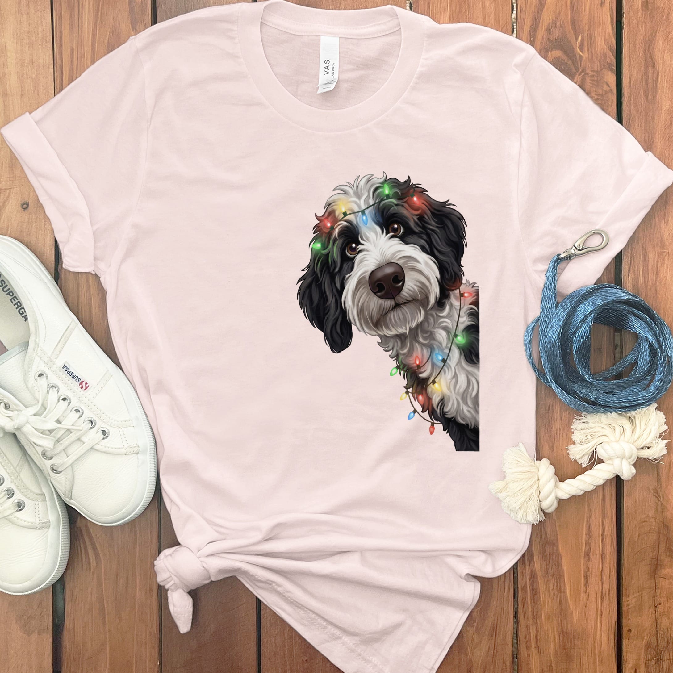 Peeking Sheepadoodle Holiday T-Shirt in Soft Pink / M / T-Shirts by Puppy Jo