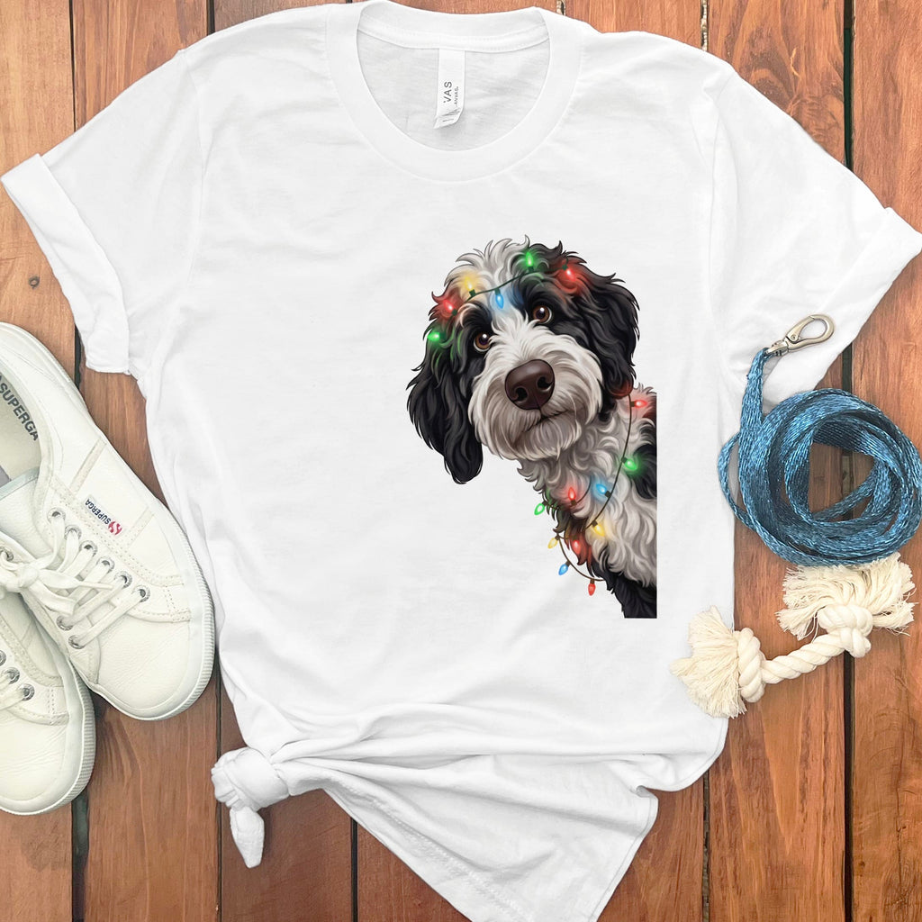 Peeking Sheepadoodle Holiday T-Shirt in White / M / T-Shirts by Puppy Jo