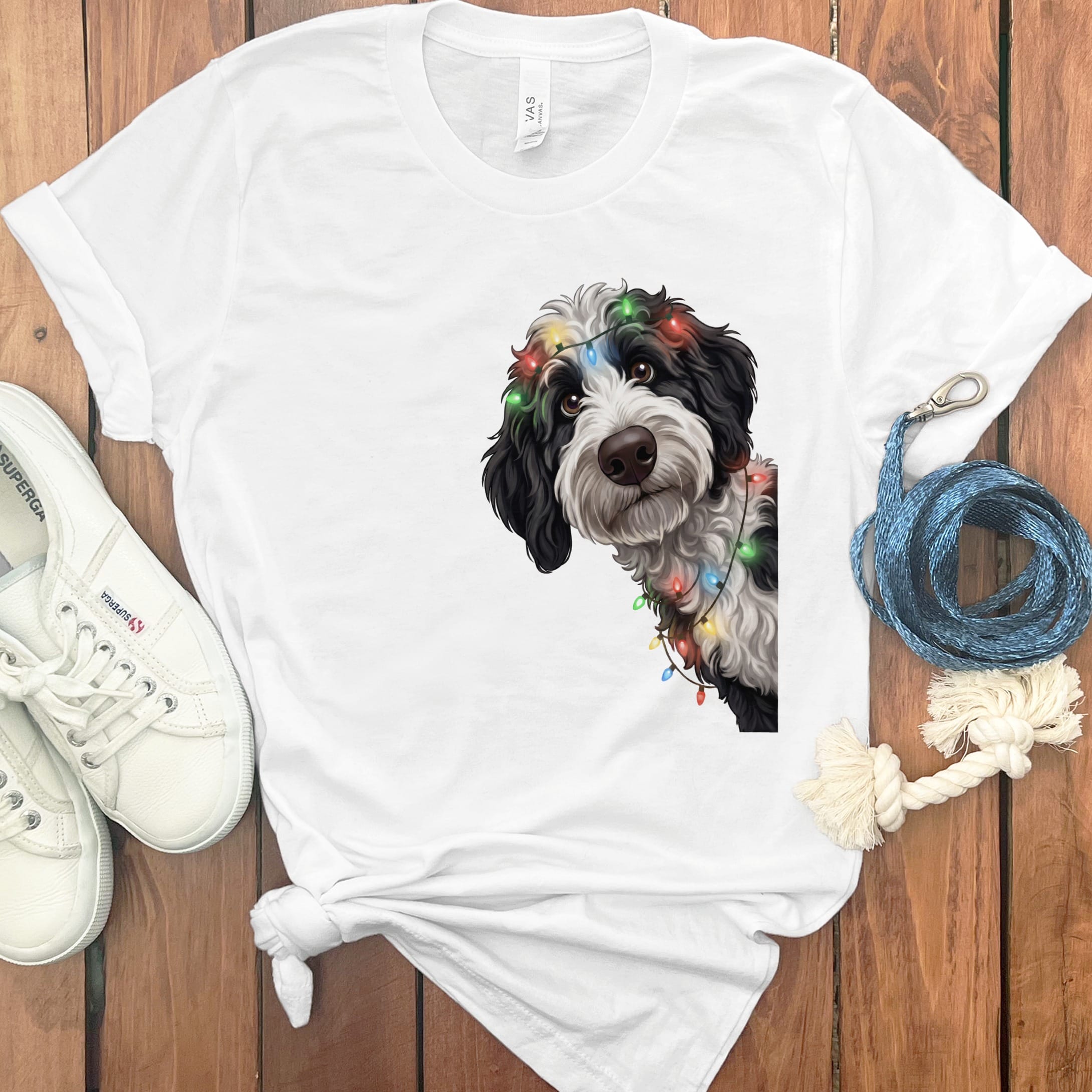 Peeking Sheepadoodle Holiday T-Shirt in White / M / T-Shirts by Puppy Jo