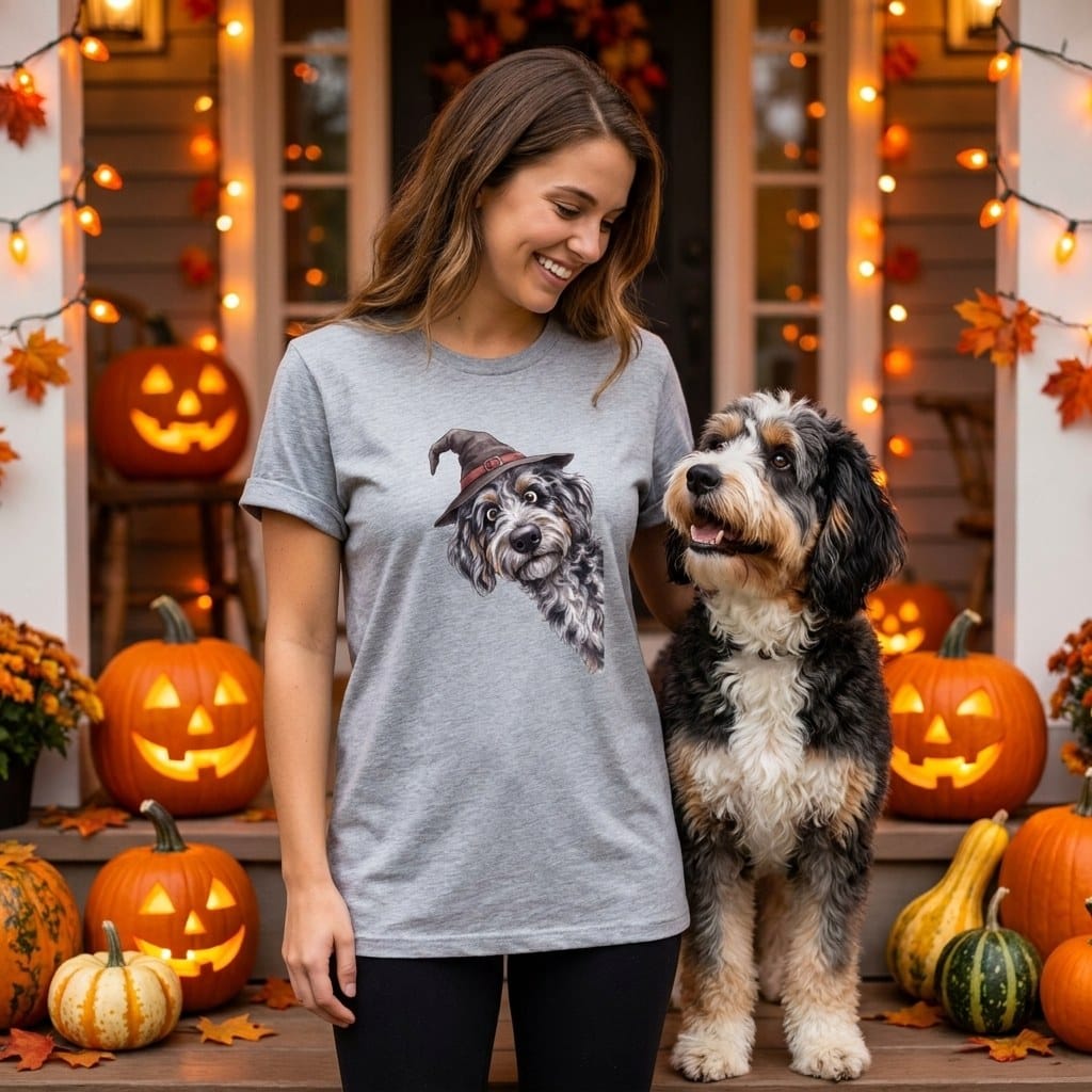 Peeking Witch Aussiedoodle T-Shirt in by Puppy Jo