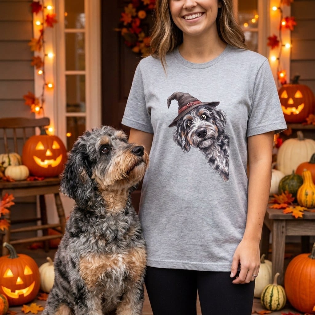 Peeking Witch Aussiedoodle T-Shirt in by Puppy Jo