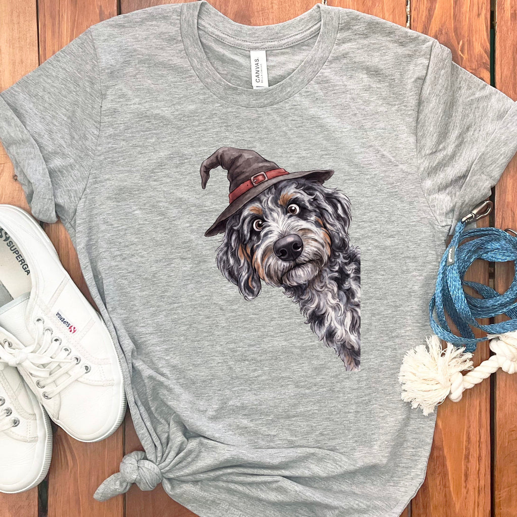 Peeking Witch Aussiedoodle T-Shirt in S / Athletic Heather by Puppy Jo