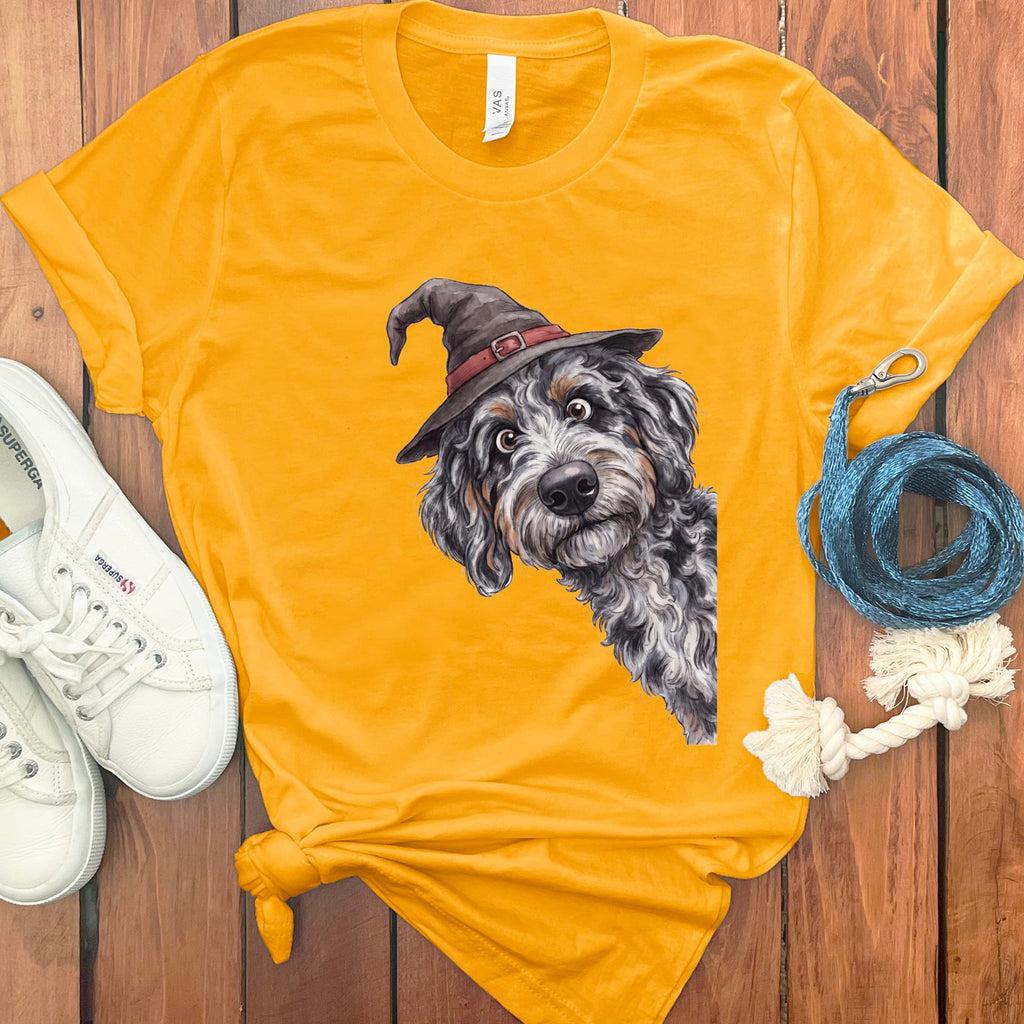 Peeking Witch Aussiedoodle T-Shirt in S / Gold by Puppy Jo
