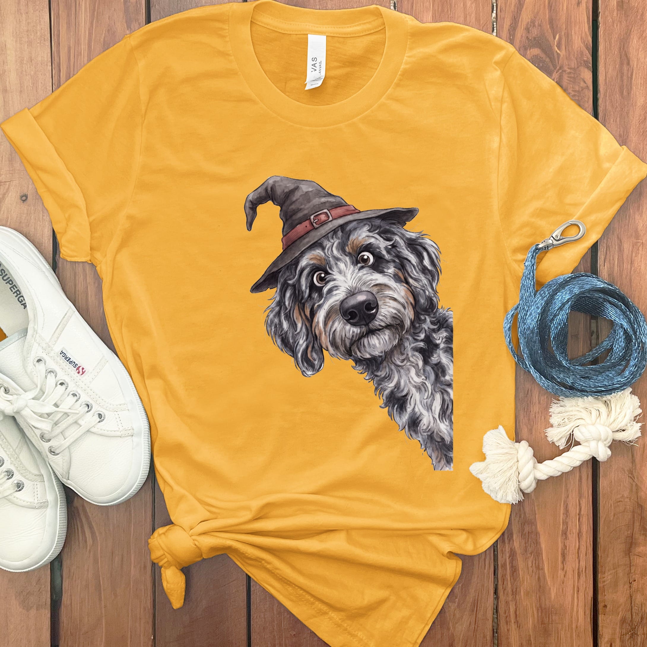 Peeking Witch Aussiedoodle T-Shirt in S / Gold by Puppy Jo