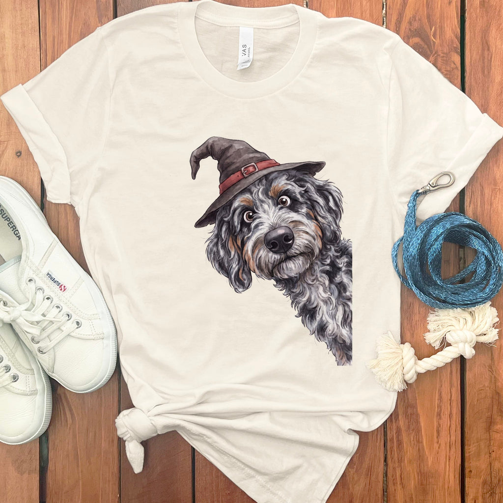 Peeking Witch Aussiedoodle T-Shirt in S / Natural by Puppy Jo