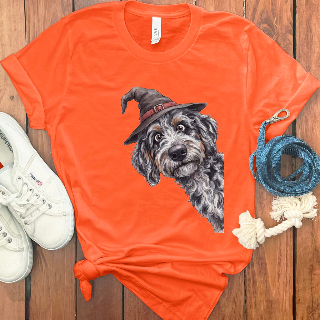 Peeking Witch Aussiedoodle T-Shirt in S / Orange by Puppy Jo
