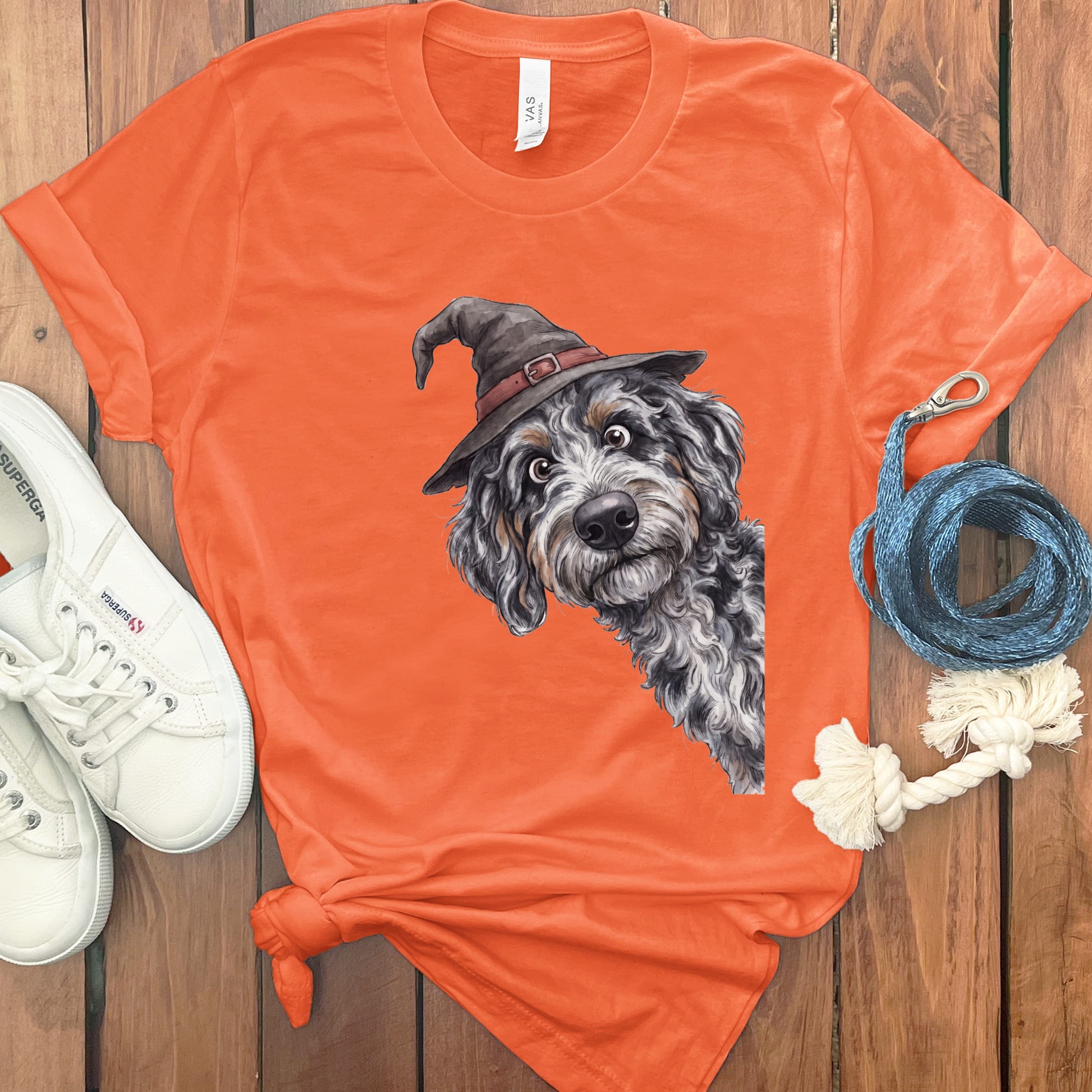 Peeking Witch Aussiedoodle T-Shirt in S / Orange by Puppy Jo